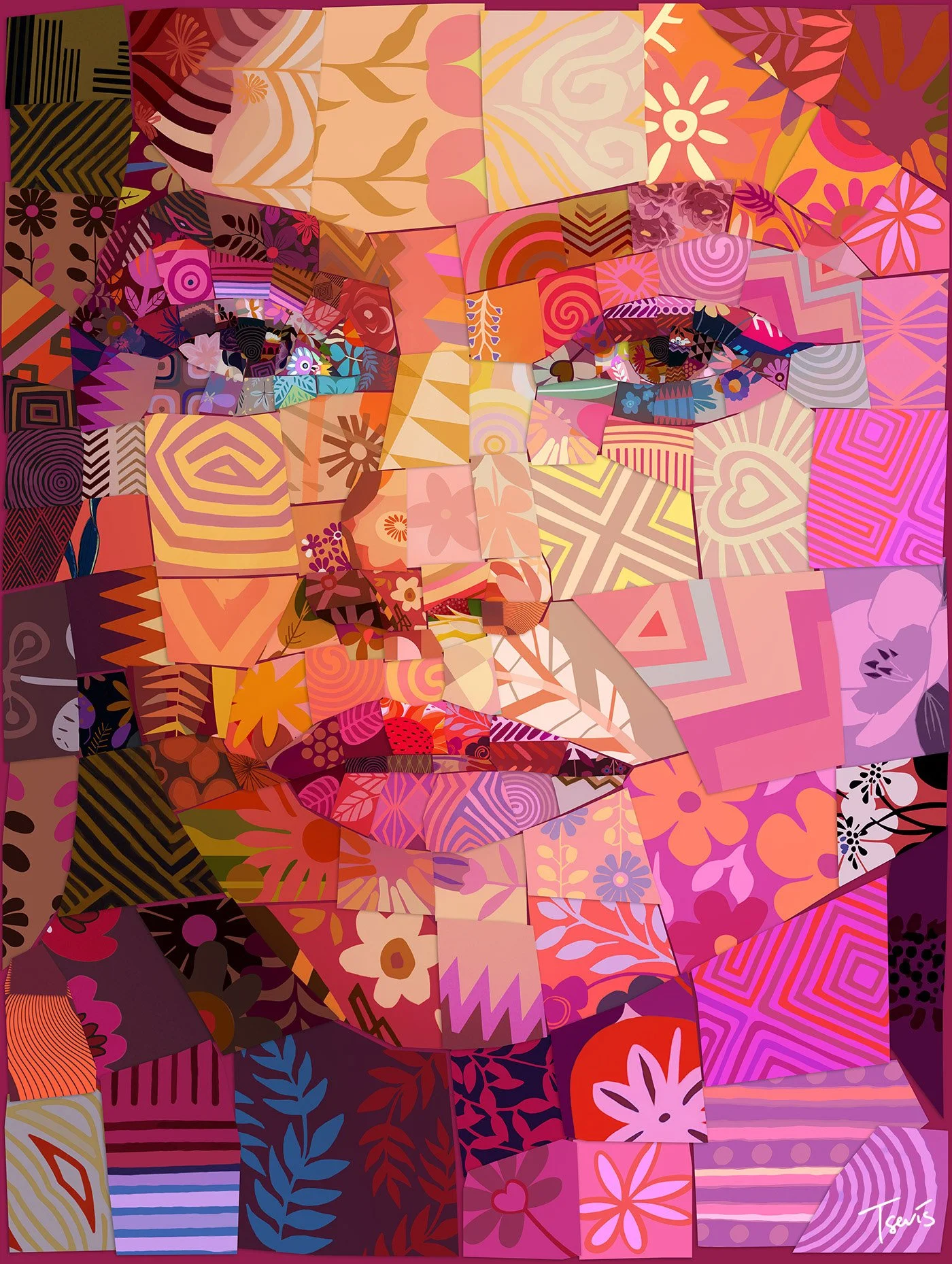 Zendaya's portrait in the digital mosaic series, photomosaic made from patterns in motion