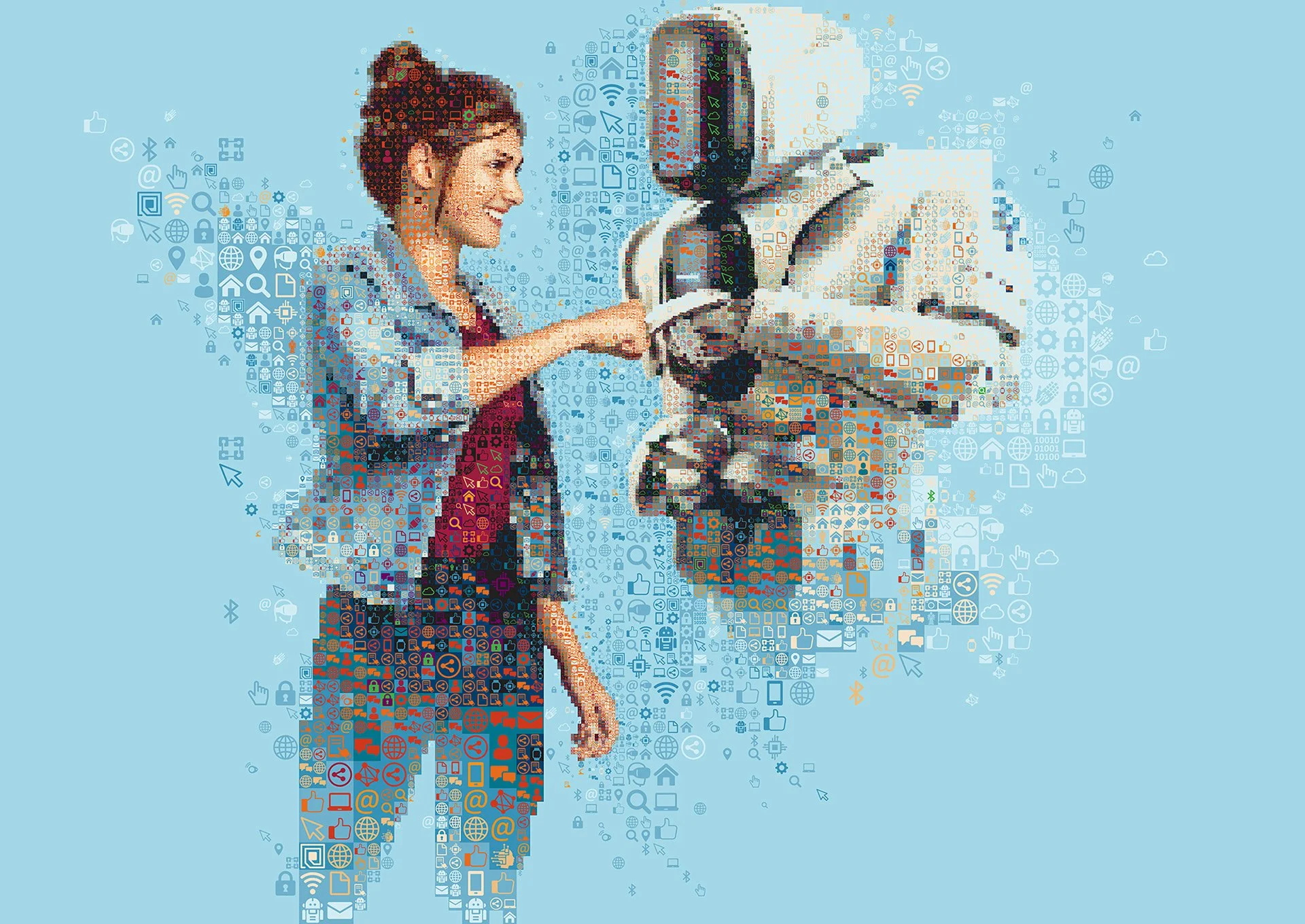 The mosaic about automation and human collaboration made from icons. Expedition.Digital Industry for education.