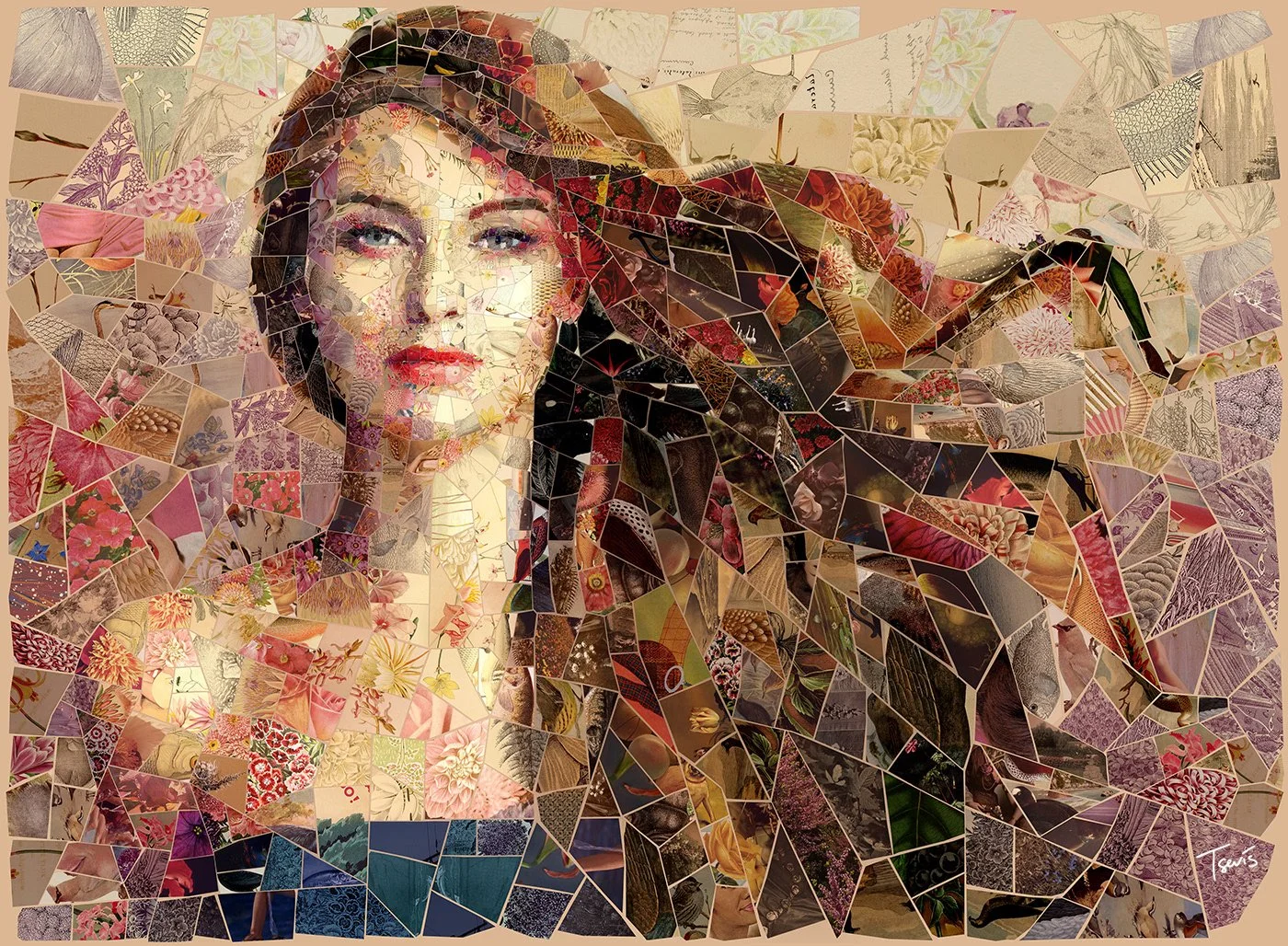 Aphrodite mosaic, earthly beauty from fruits and flowers. Mediterranean summer palette.