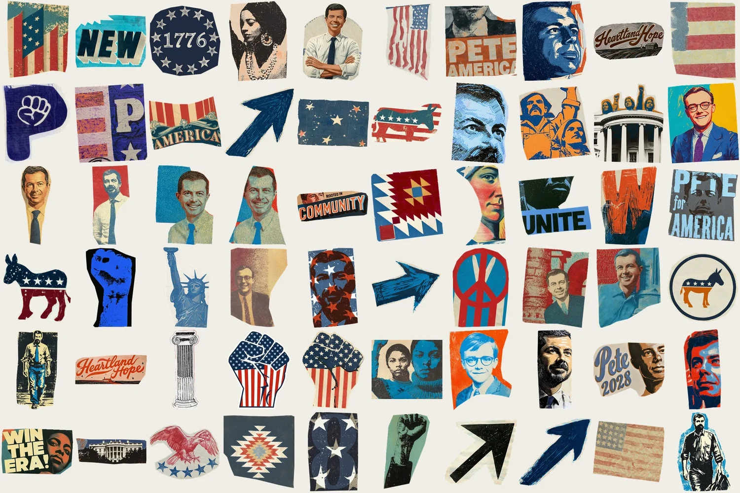 Plate of small images made for the series: portraits of Pete Buttigieg, flags, raised fists, the Statue of Liberty, the White House, columns and arrows.