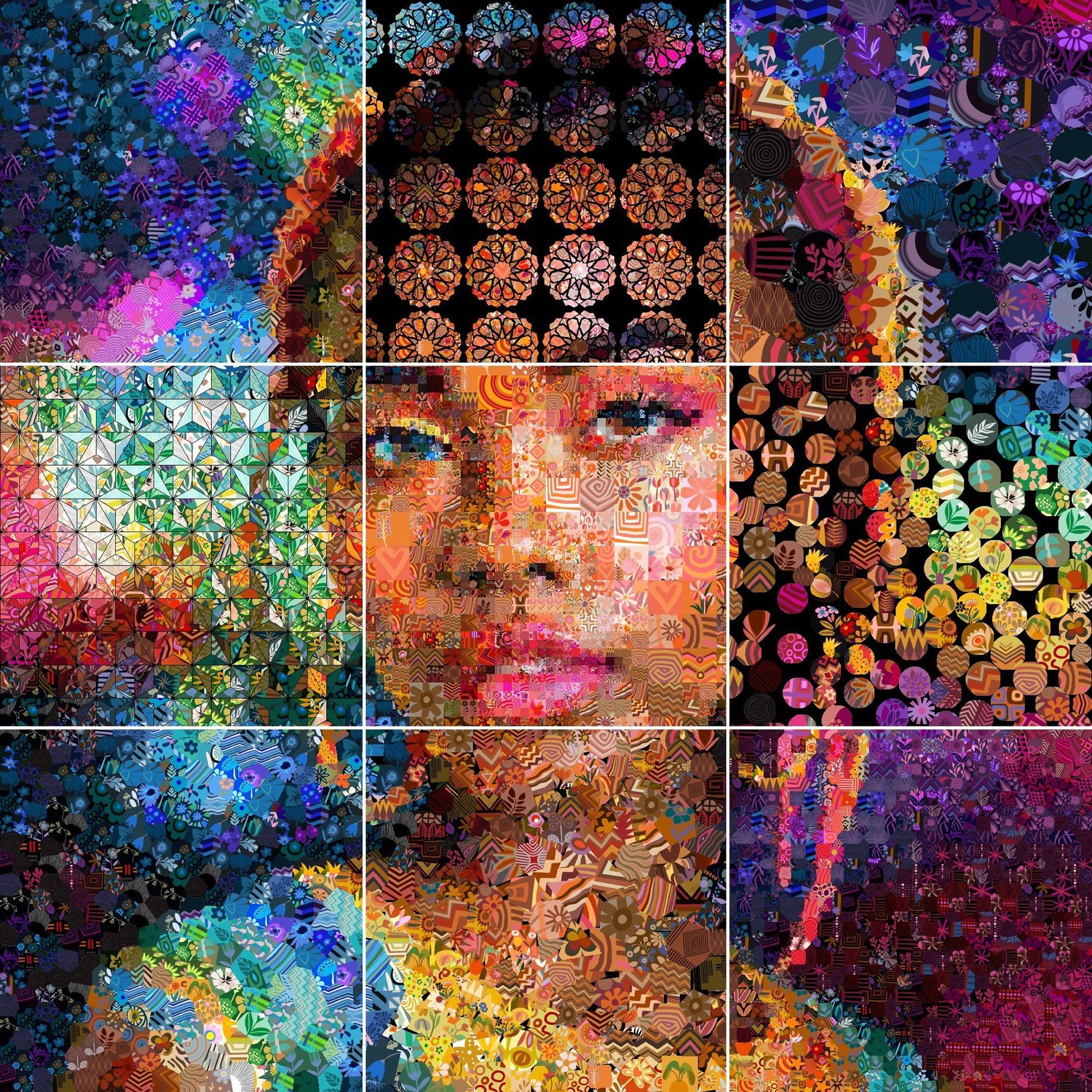 A portrait of the singer Tyla in nine squares, each built on a different mosaic grid: arabesque, rosettes, Hankin, kumiko, Tsevis Grid, circles, Voronoi cells, jigsaw and crosses