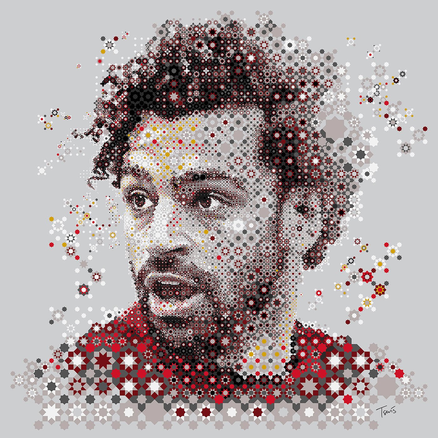 Mosaic portrait of Mohamed Salah, integrating Arabesque patterns and Egyptian national colors, symbolizing the fusion of football and Islamic art.