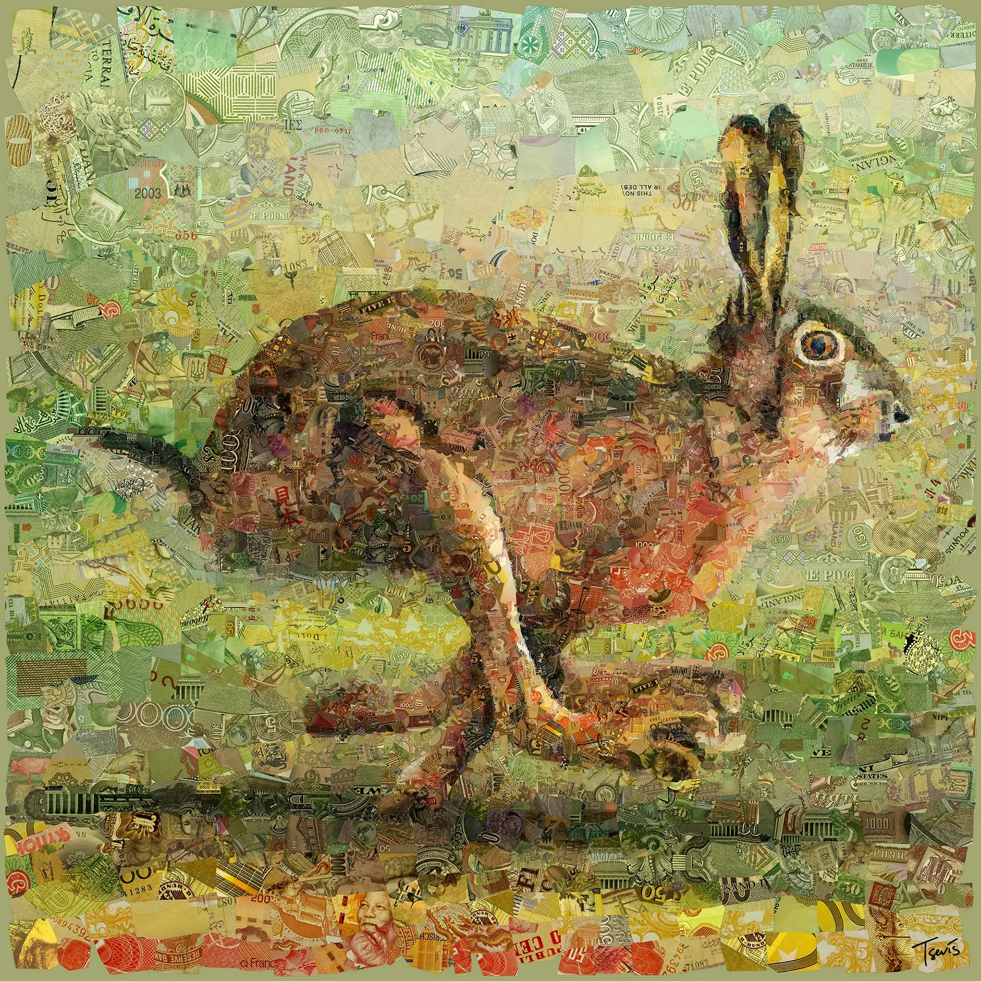 Hare mosaic from thick banknote fragments