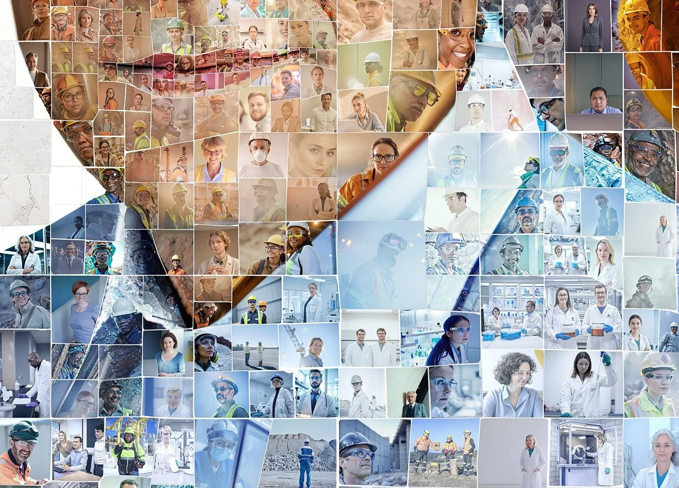 Close-up detail of a Lhoist photomosaic portrait showing the employee photos used as tiles