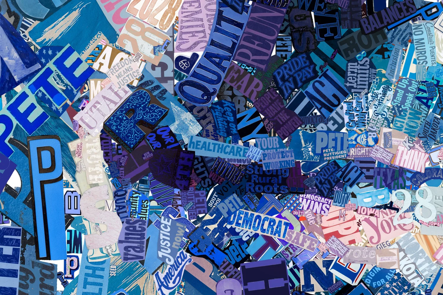 Full-size detail of the mouth in Common Ground, in blues and violets: Quality, Healthcare, Strong Rural Roots, Democracy Wins and Pride in Pay.