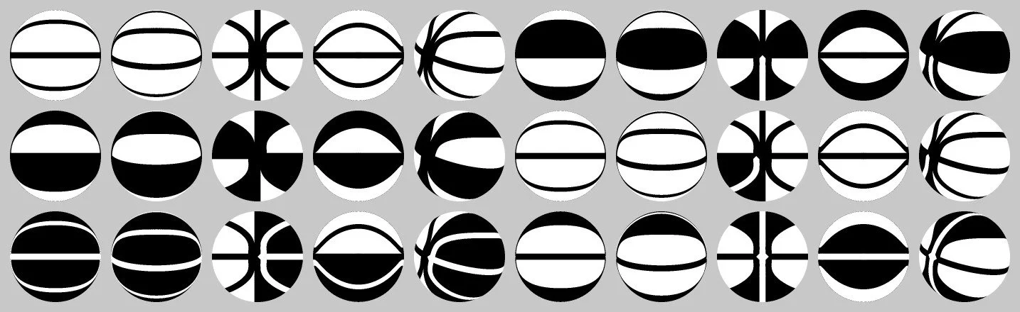 Thirty black-and-white basketball tiles in three lines of ten: the same ball in six panel colourings, each seen from five angles.