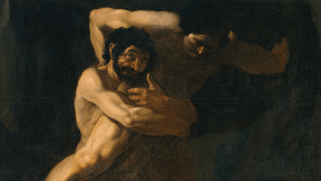 Antaeus and Heracles wrestling in a dark baroque painting: a bearded man locked in the grip of a larger figure