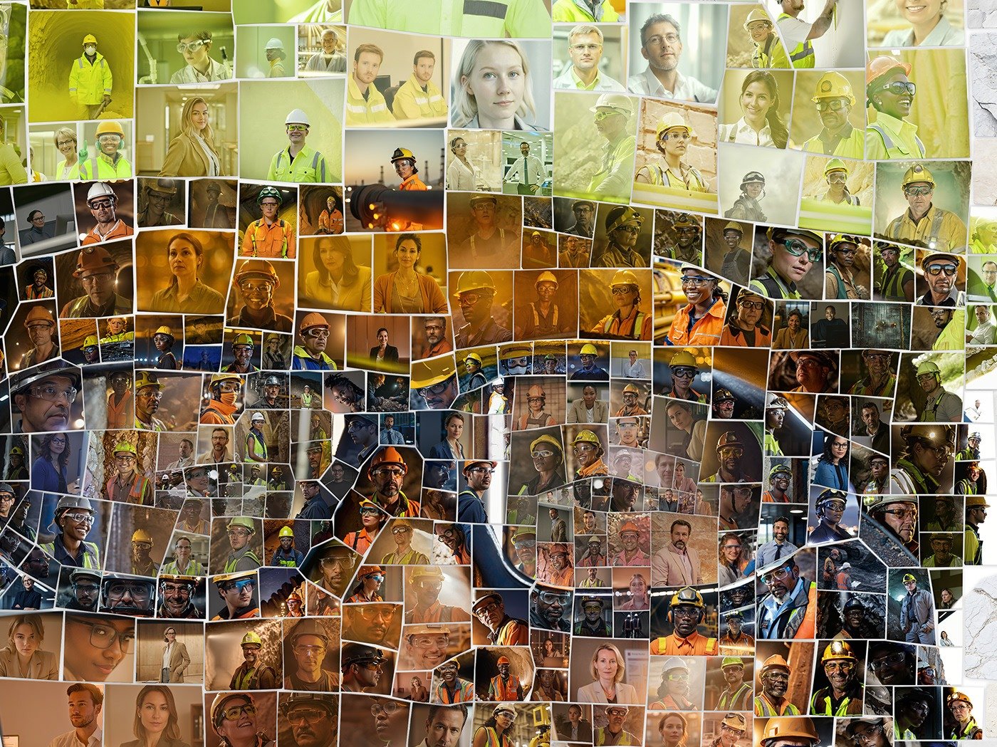 Close-up detail of a Lhoist photomosaic portrait showing the employee photos used as tiles