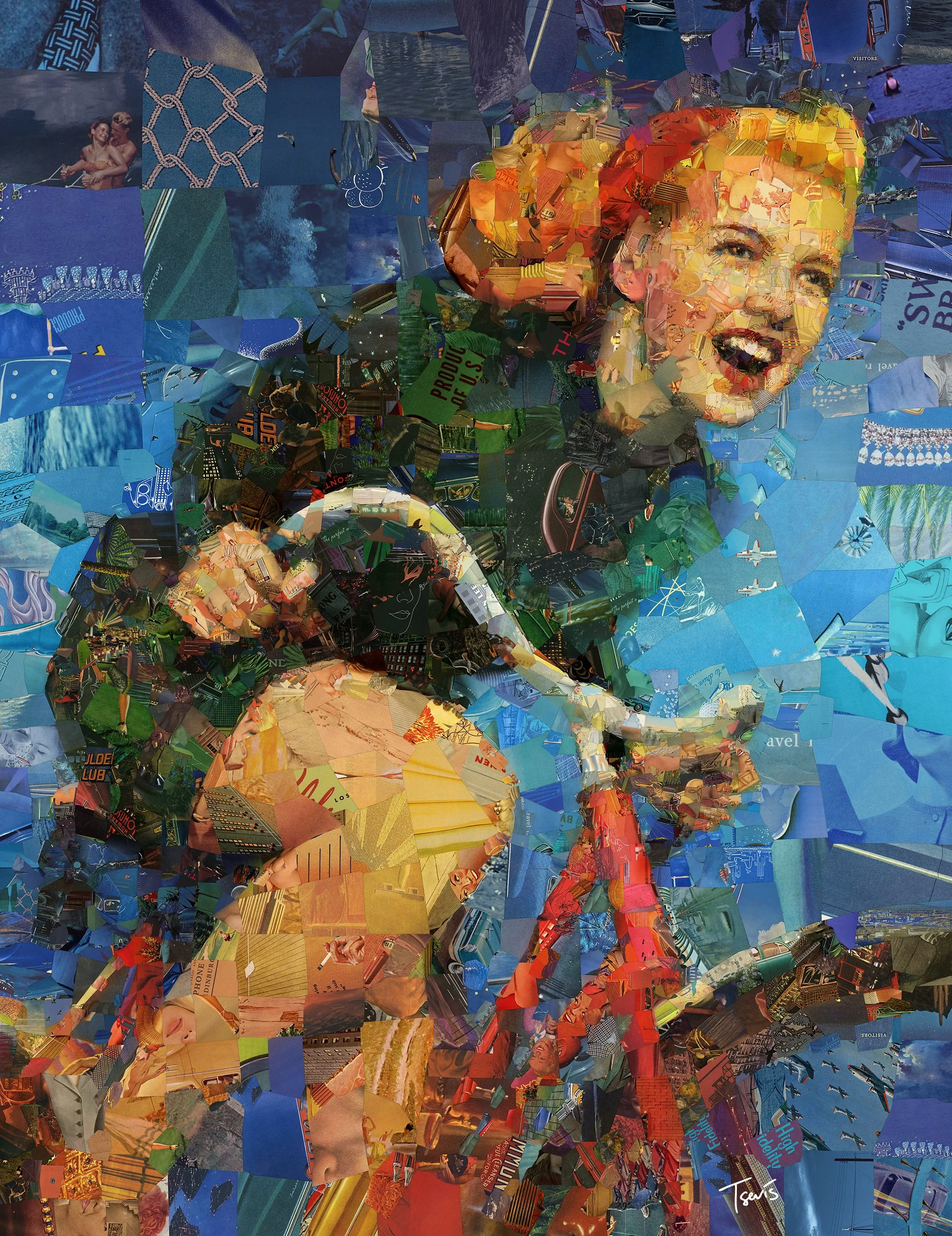 Take the ride - Retro Girl on Bicycle Mosaic Art Print | Joyful 1950s Summer Ride