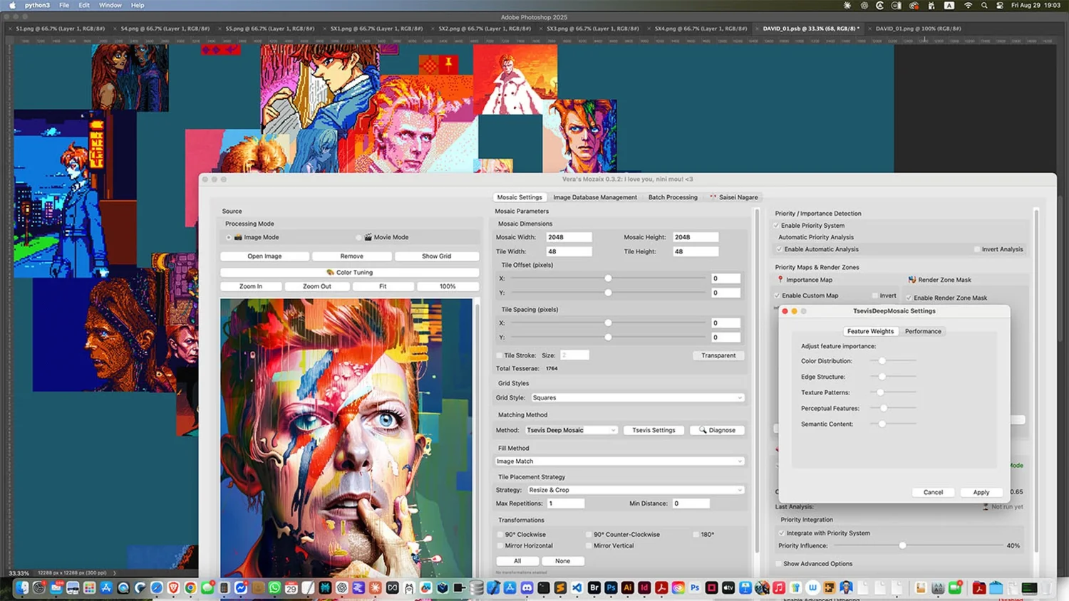 The Tsevis Mozaix application displaying a high-resolution mosaic in progress. The interface shows adjustable parameters like tile size, spacing, and matching methods, with a preview of a colorful David Bowie portrait being constructed from smaller image tiles. The settings panel includes advanced controls for color, edge structure, and semantic content weighting.