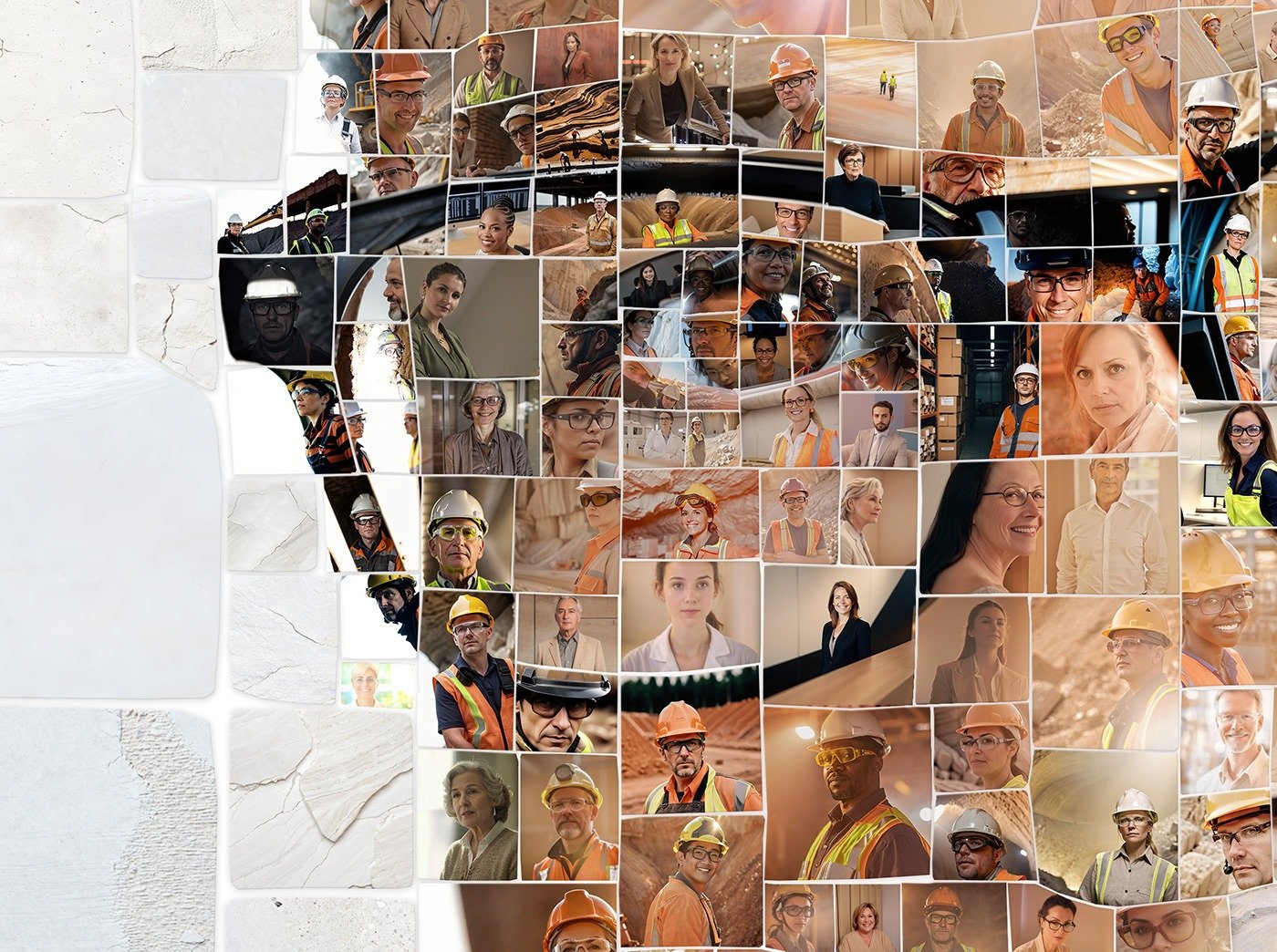 Close-up detail of a Lhoist photomosaic portrait showing the employee photos used as tiles