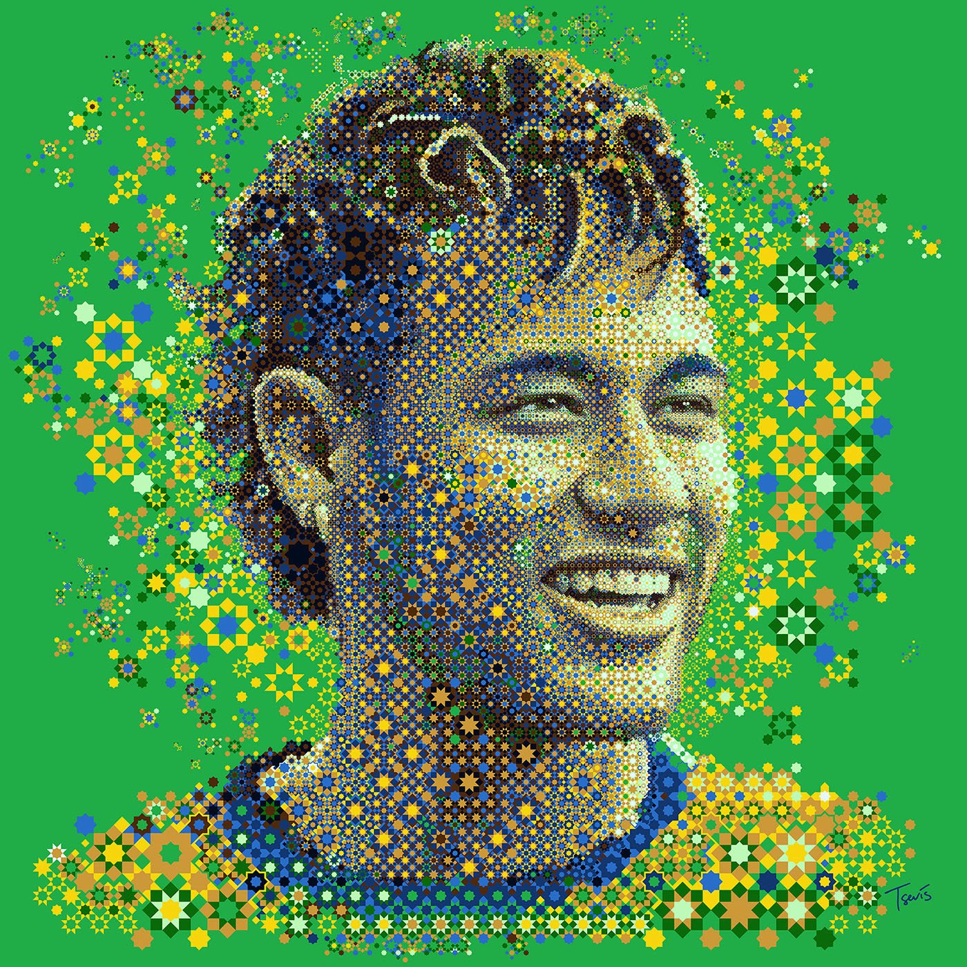 Mosaic representation of Neymar Jr, integrating Islamic geometric motifs with Brazil’s vibrant colors, reflecting cultural fusion in art.