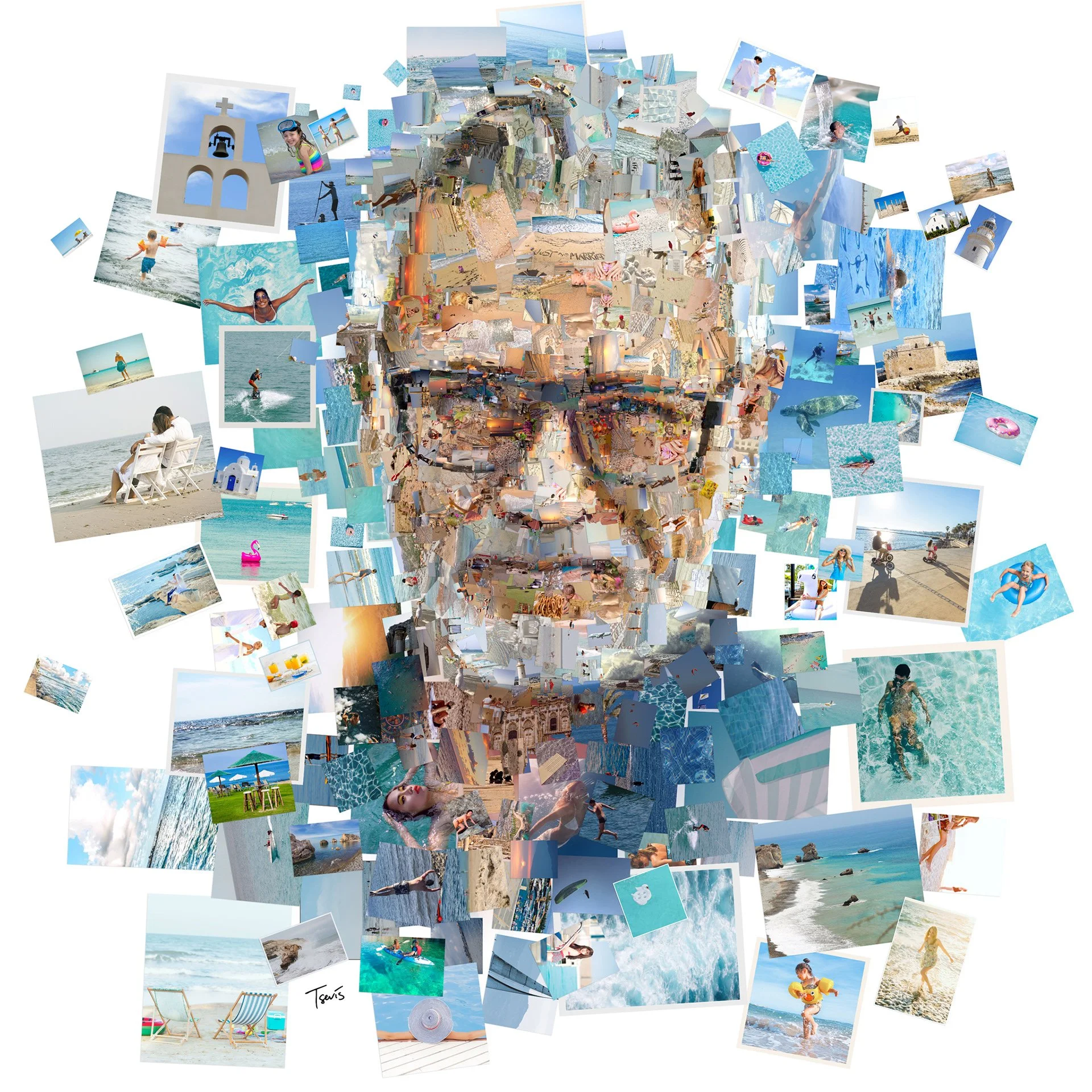 An older man's face from happy family moments in a photomosaic.