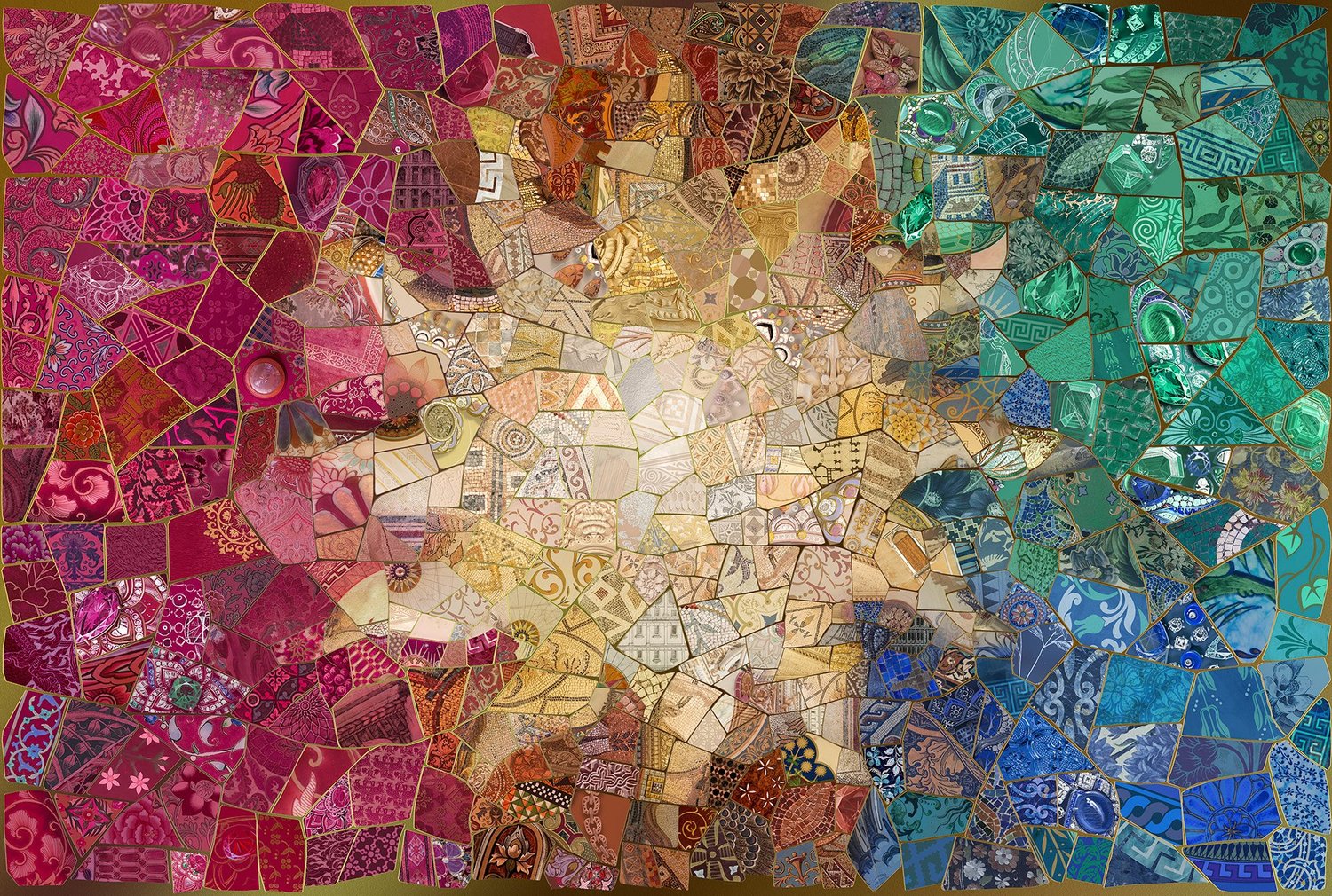 Digital mosaic of a radiant sun in red, gold and green for Bulgari Mediterranea