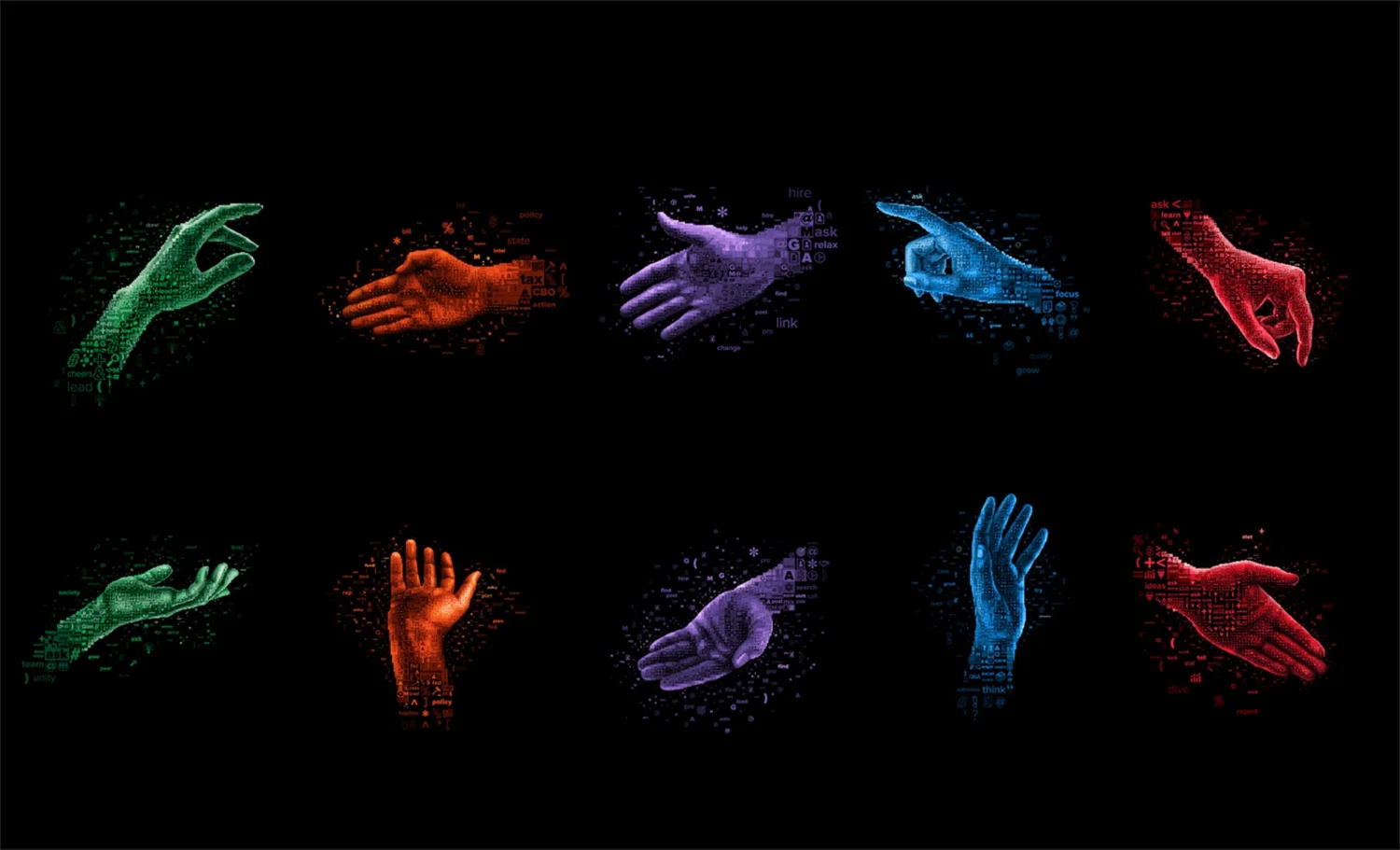 A collection of six colorful mosaic illustrations of hand gestures, each rendered in distinct colors—green, red, blue, purple, and orange. The designs are composed of icons, words, and symbols, representing different sectors and areas of focus for MGMA. The background is black, highlighting the vivid colors and intricate details of each hand gesture.