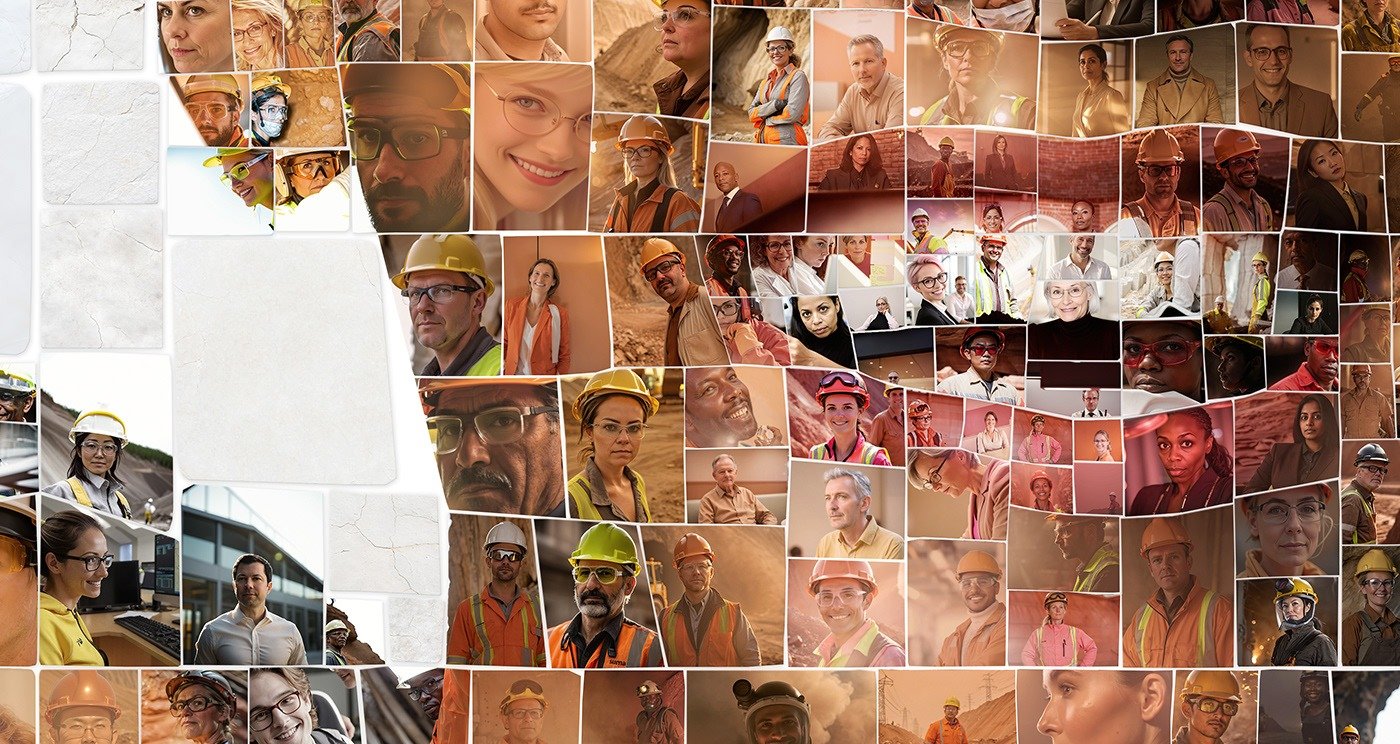 Close-up detail of a Lhoist photomosaic portrait showing the employee photos used as tiles