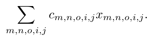Equation: sum over m, n, o, i, j of cost c times decision variable x