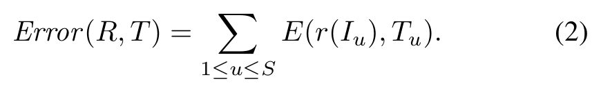 Equation: Error of R and T equals the sum over u from 1 to S of E of the rearranged tile and target tile u