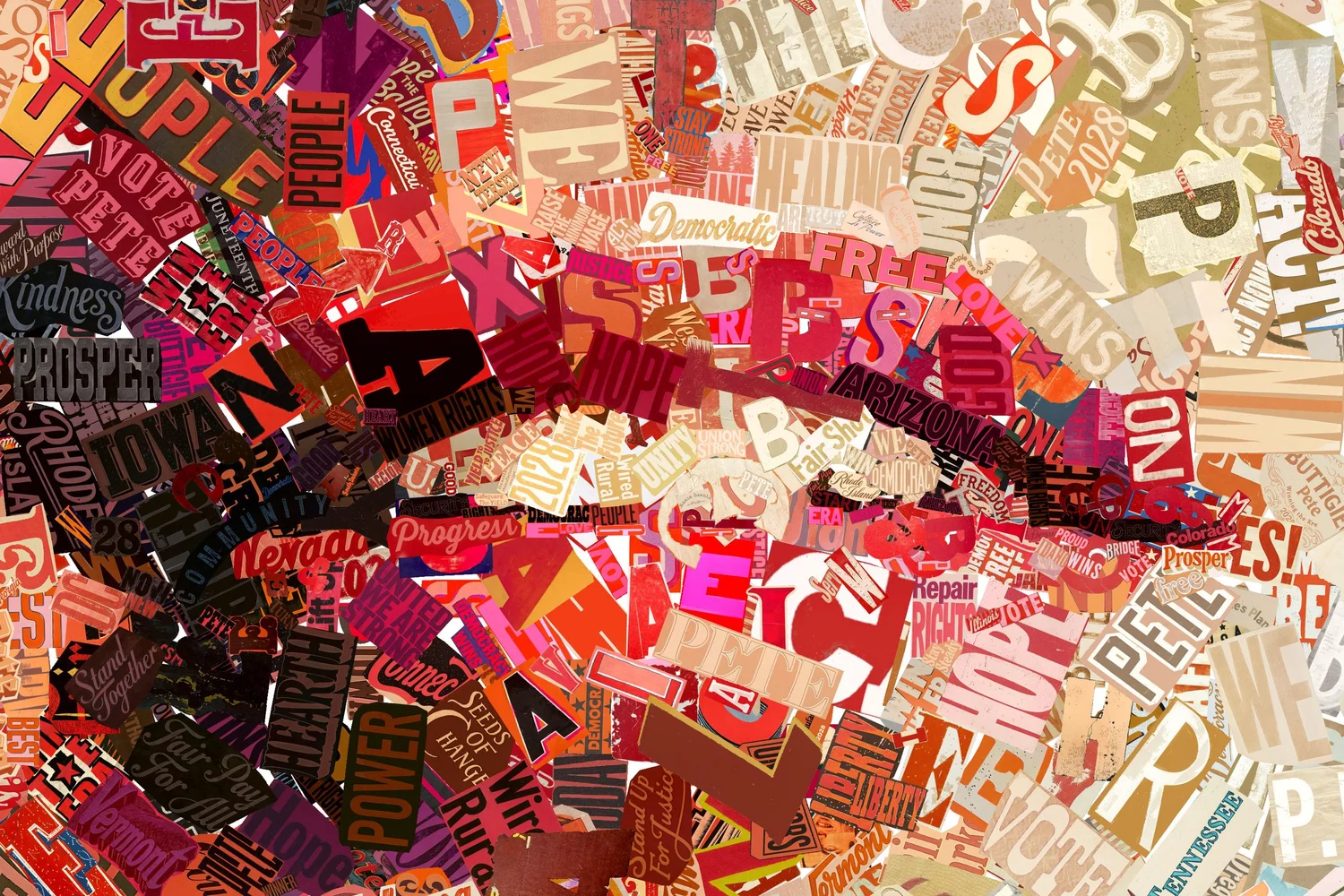 Full-size detail of the lips in Looking Up: Vote Pete, Hope, Healing, Kindness, Prosper and Women Rights, cut from paper in reds and creams.