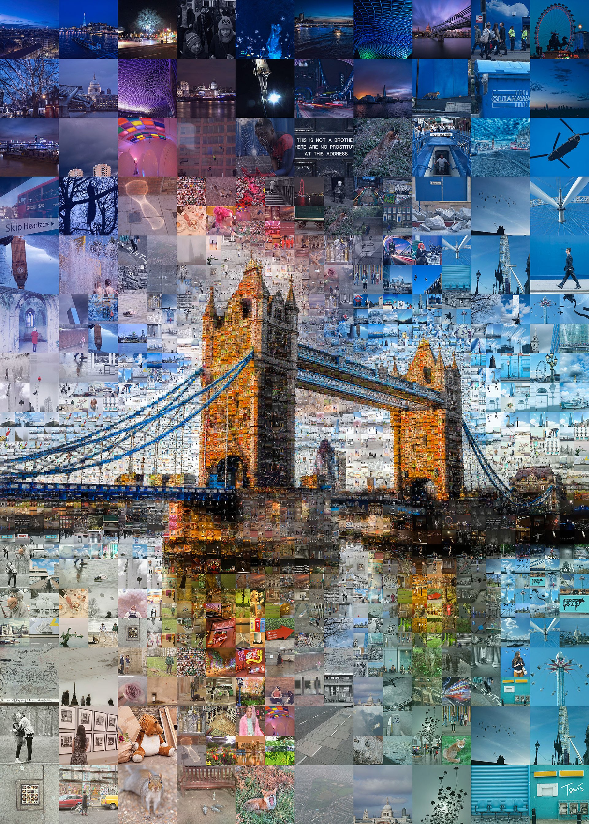 London Bridge photomosaic made of thousands of tourist photos.