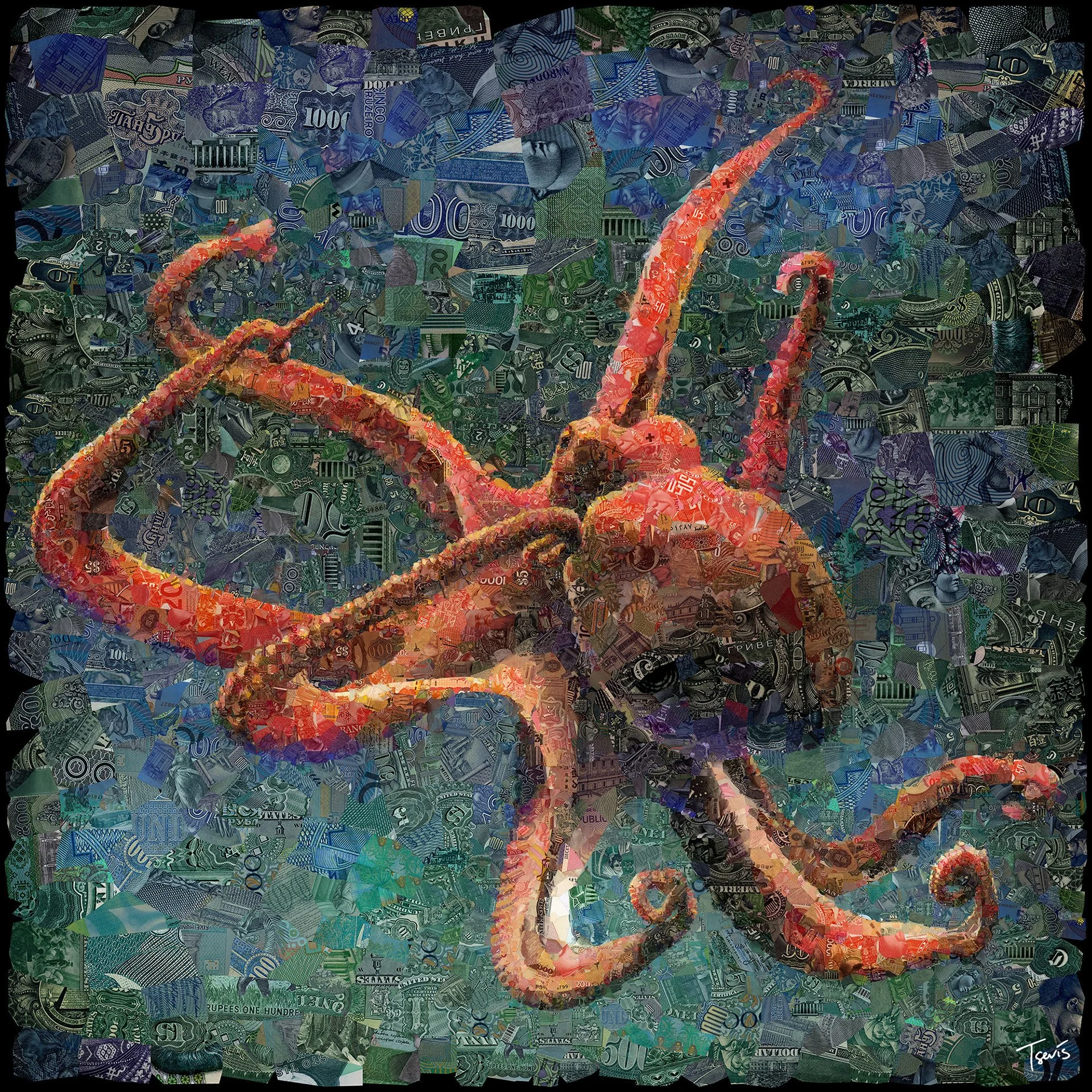 Octopus mosaic from banknote fragments