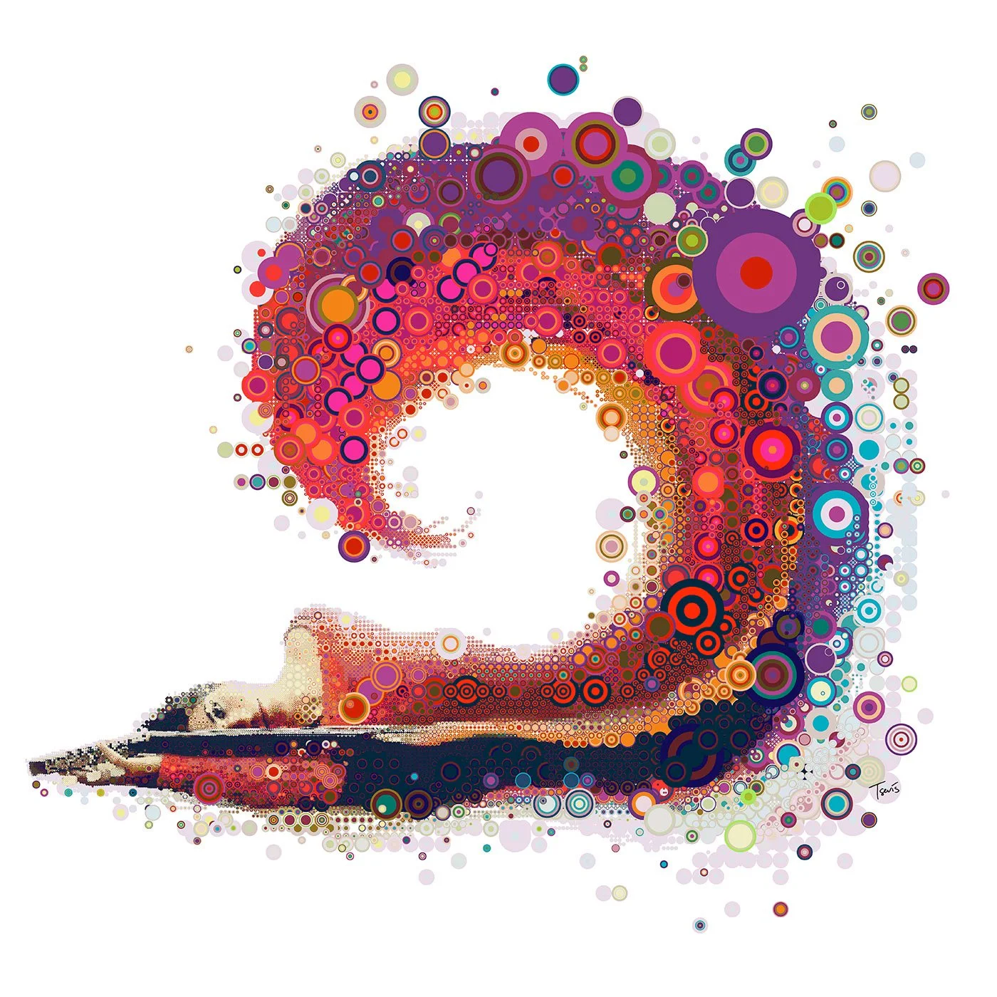 digital mosaic based on colorful concentric circles showing a woman lying on the floor with a guitar and a wave of music coming out of it.