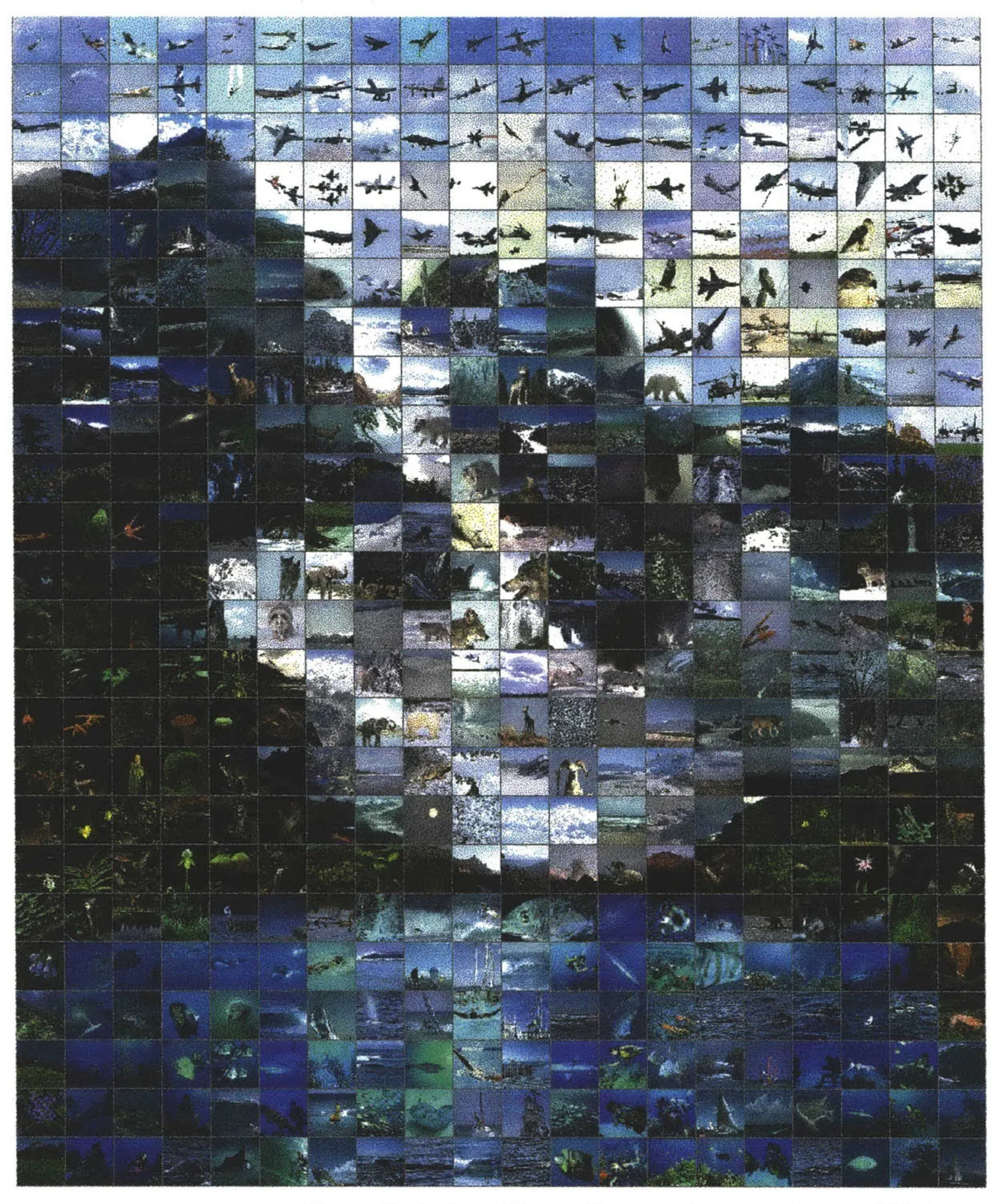 Mountain lake landscape built from small photographs of birds, mountains and water