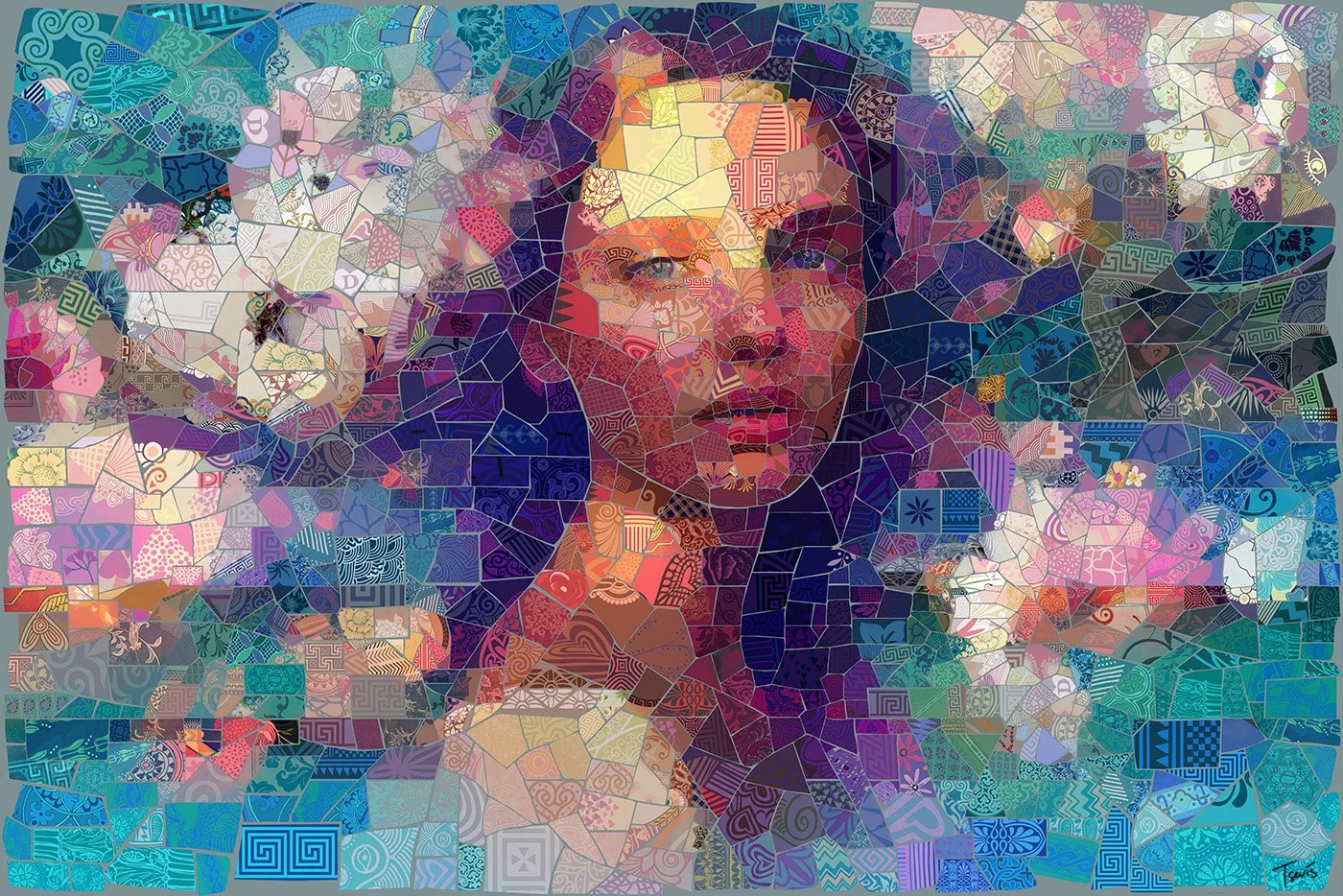 Digital portrait illustration, hidden emotions through colors and tiles