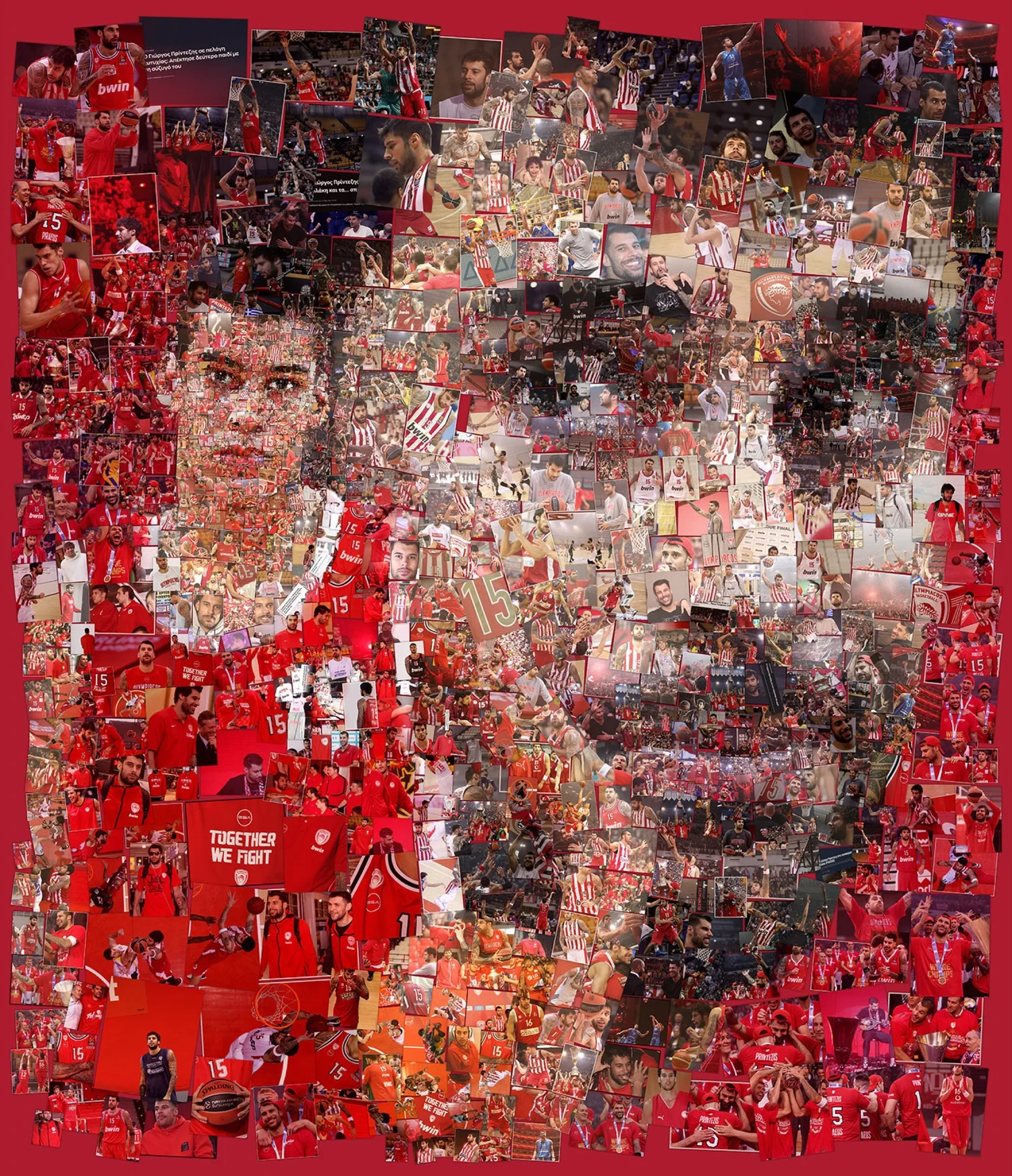 A vibrant digital mosaic portrait of Giorgos Printezis, created using a collage of images from his career with Olympiacos BC.
