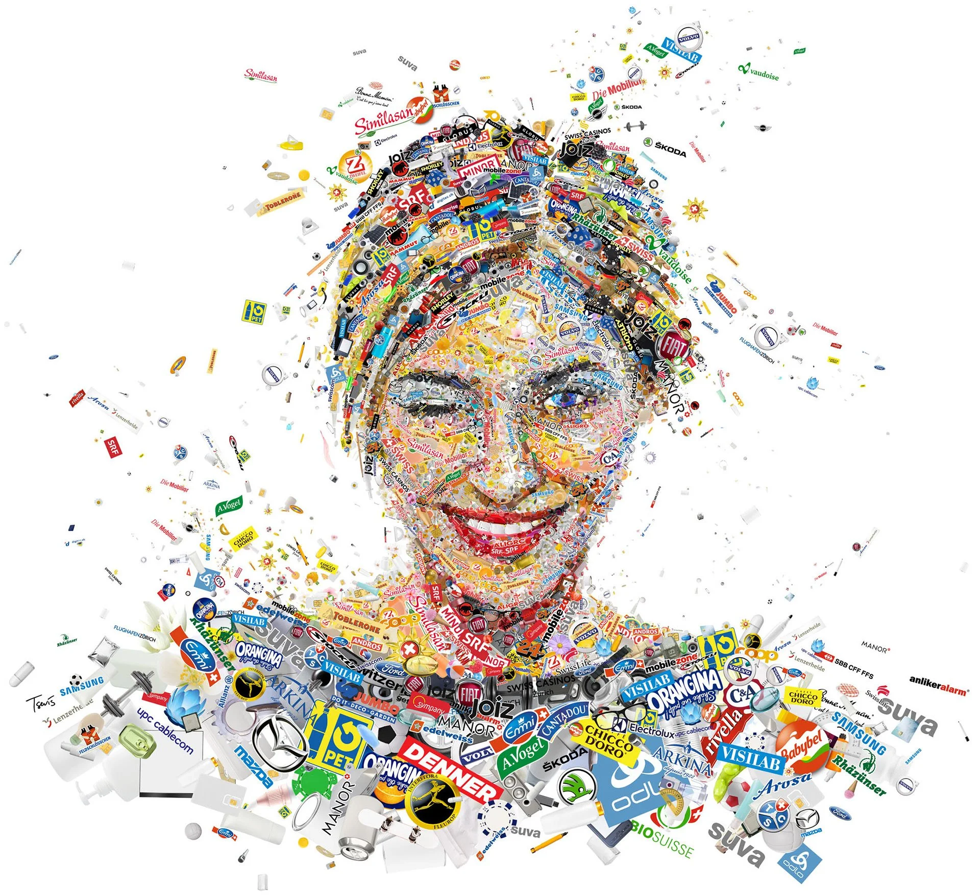 Logo mosaic portrait, Swiss brand logos forming a human face. Clear Channel Switzerland Advertising campaign.