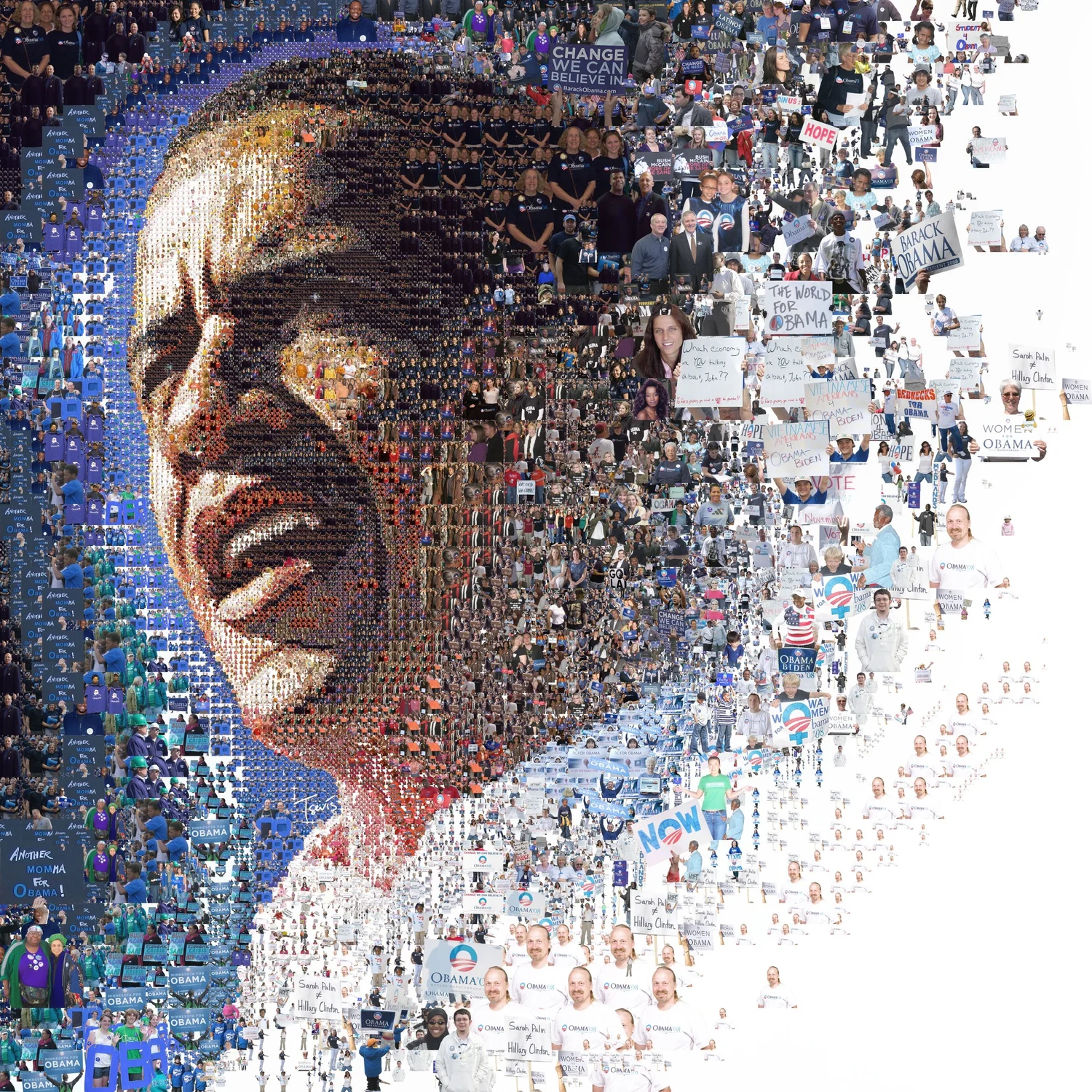 Photo mosaic portrait of Barack Obama speaking, made from photographs of his supporters that scatter at one edge
