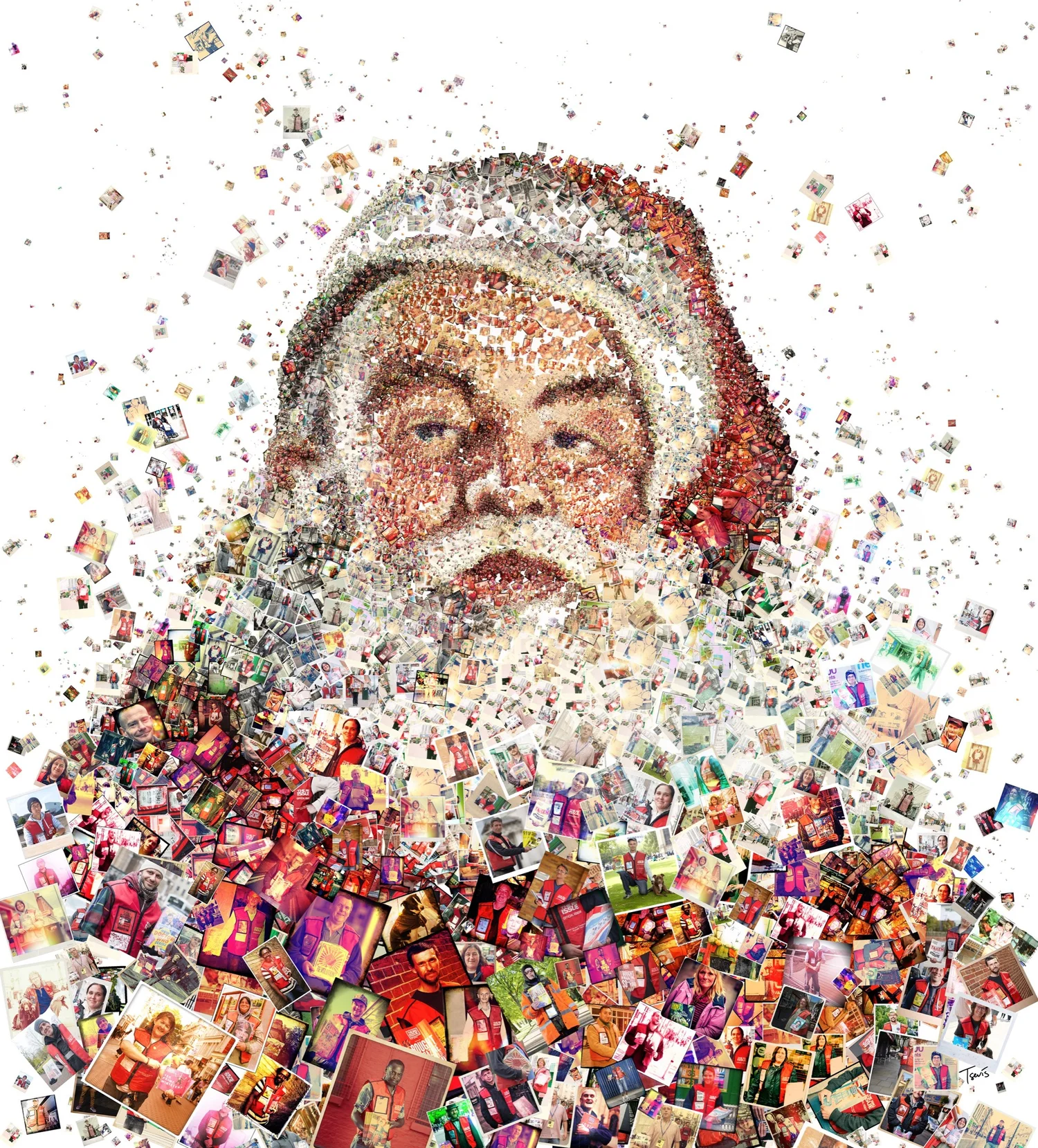Photo mosaic of Santa Claus made from hundreds of photographs of Big Issue sellers in London