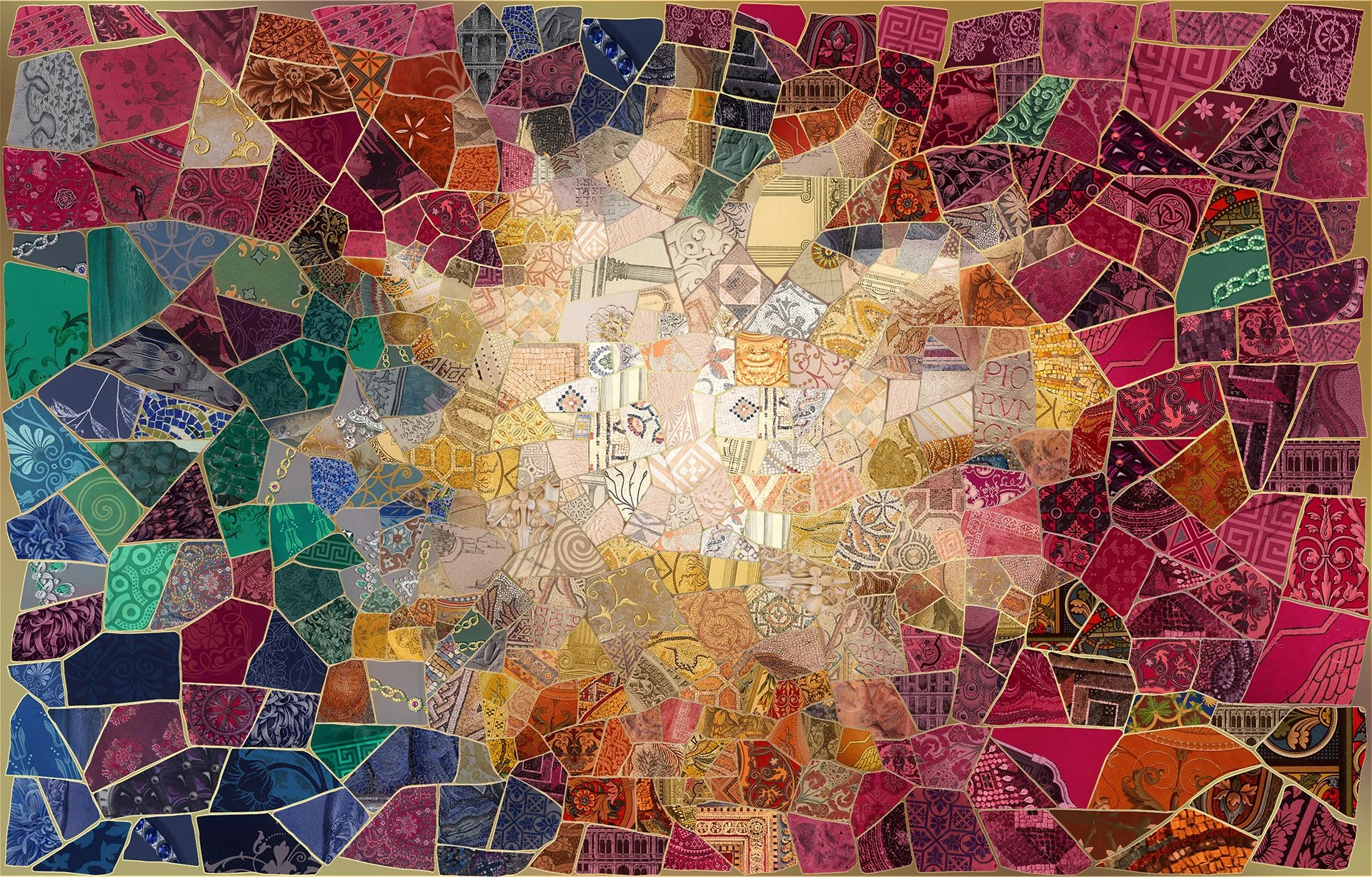 Photomosaic artwork with deep, rich tones and abstract shapes, evoking the elegance of precious gemstones and refined craftsmanship.