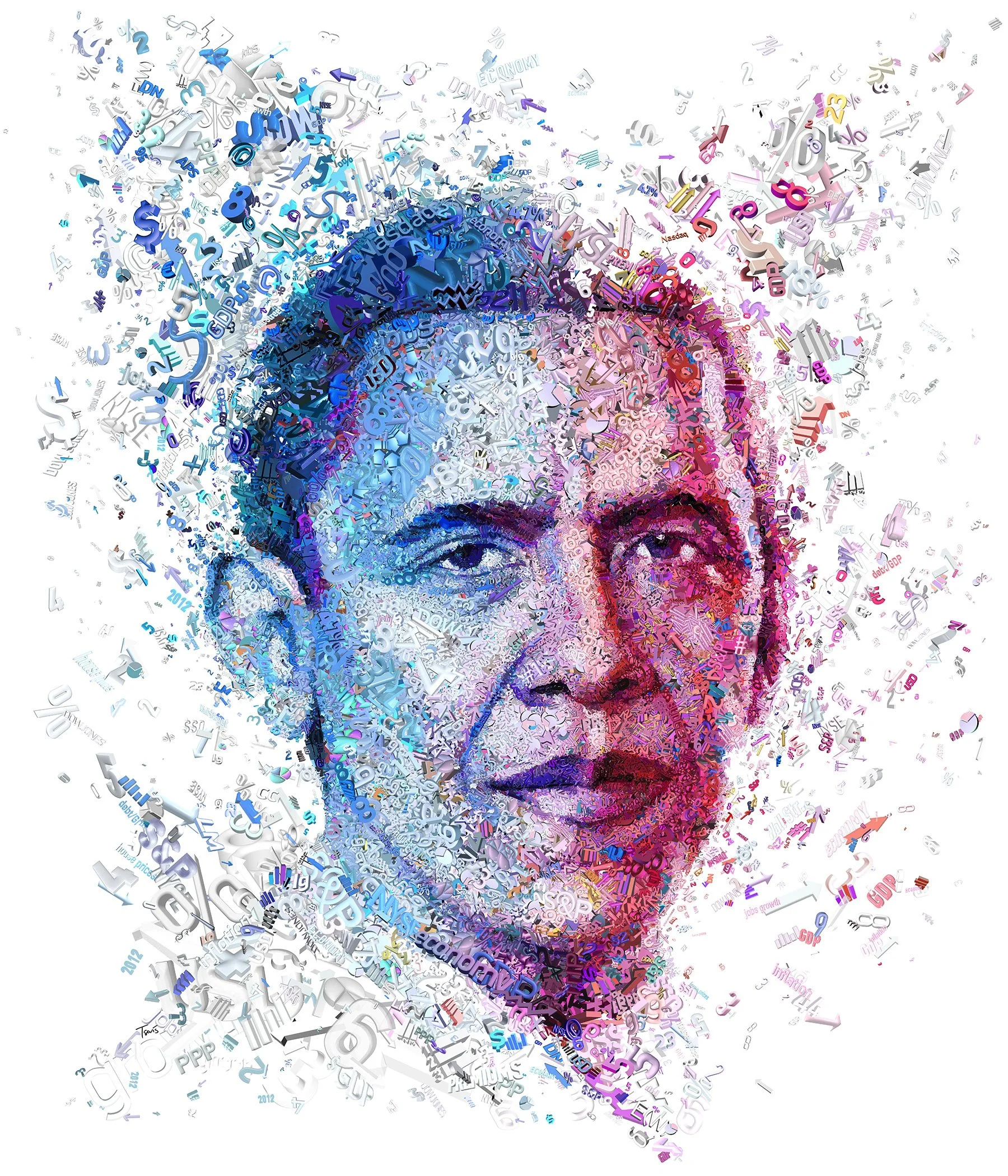 Barack Obama mosaic from numbers and financial symbols.