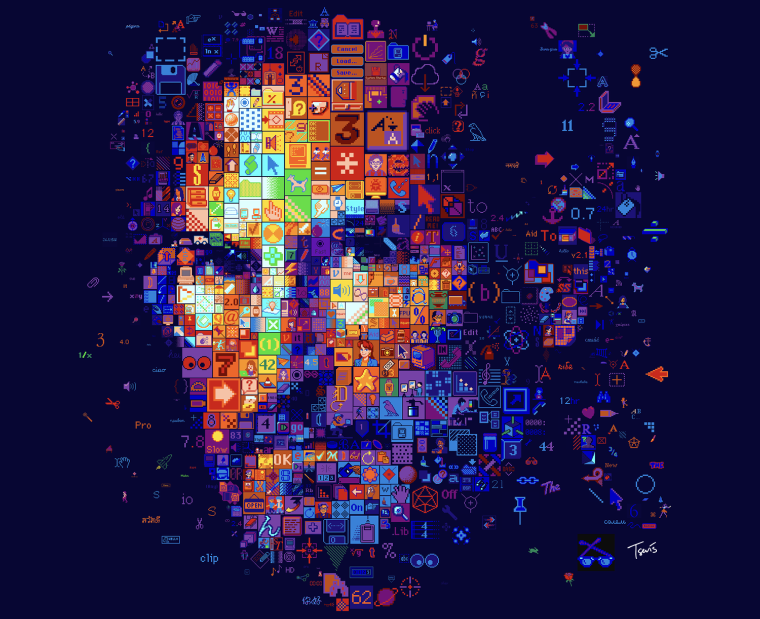 Digital mosaic portrait of Steve Jobs by Charis Tsevis composed of hundreds of retro computing icons and early Mac OS interface elements