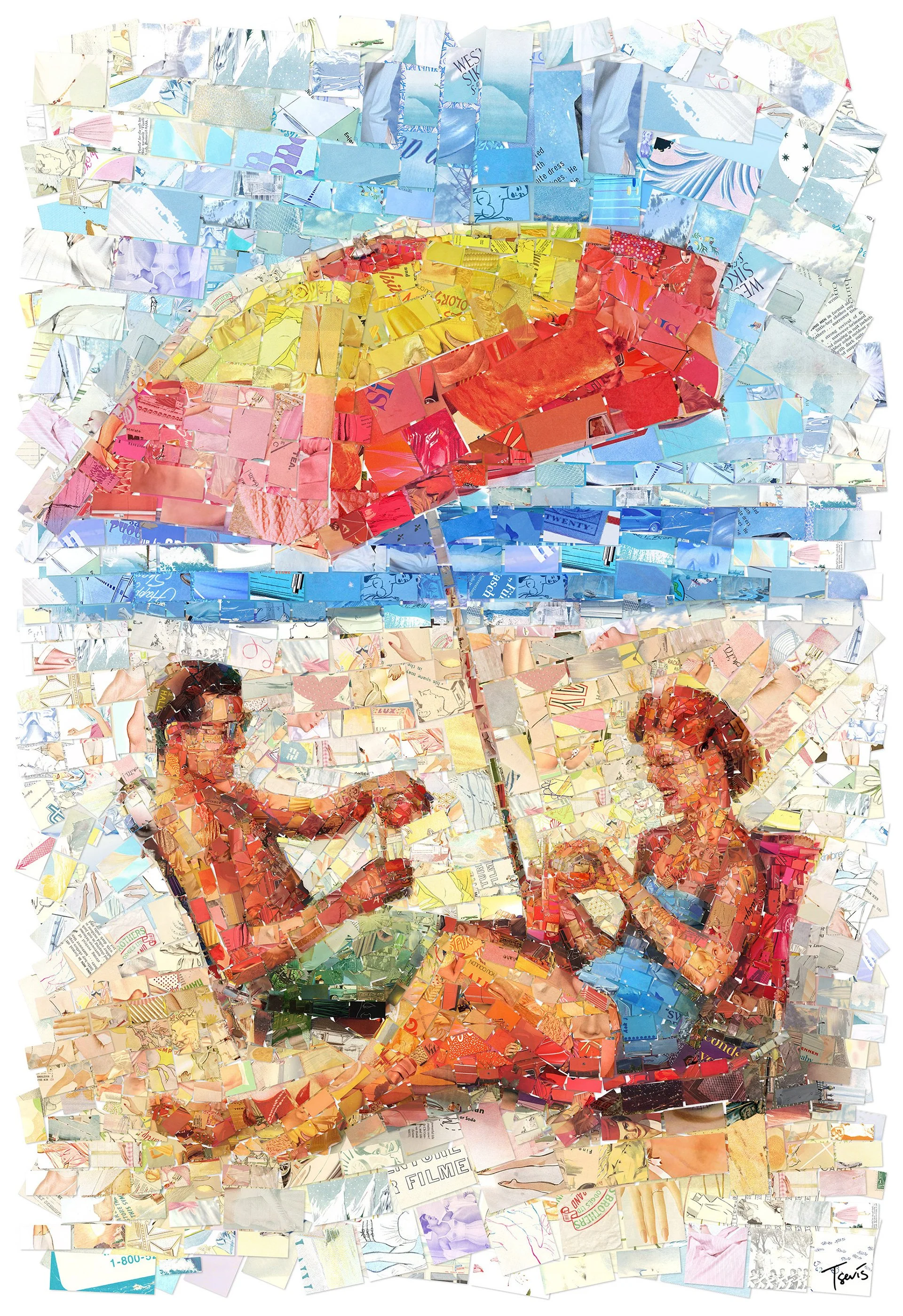 Nostalgic beach mosaic – 1960s bikinis and umbrellas from printed ephemera