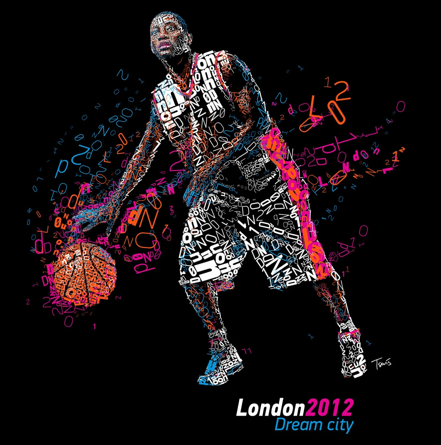 Digital mosaic of a basketball player made out of letters "LONDON 2012".