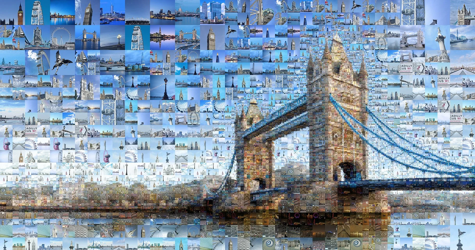 Tower Bridge in a digital mosaic of photos, a wall  art gallery piece