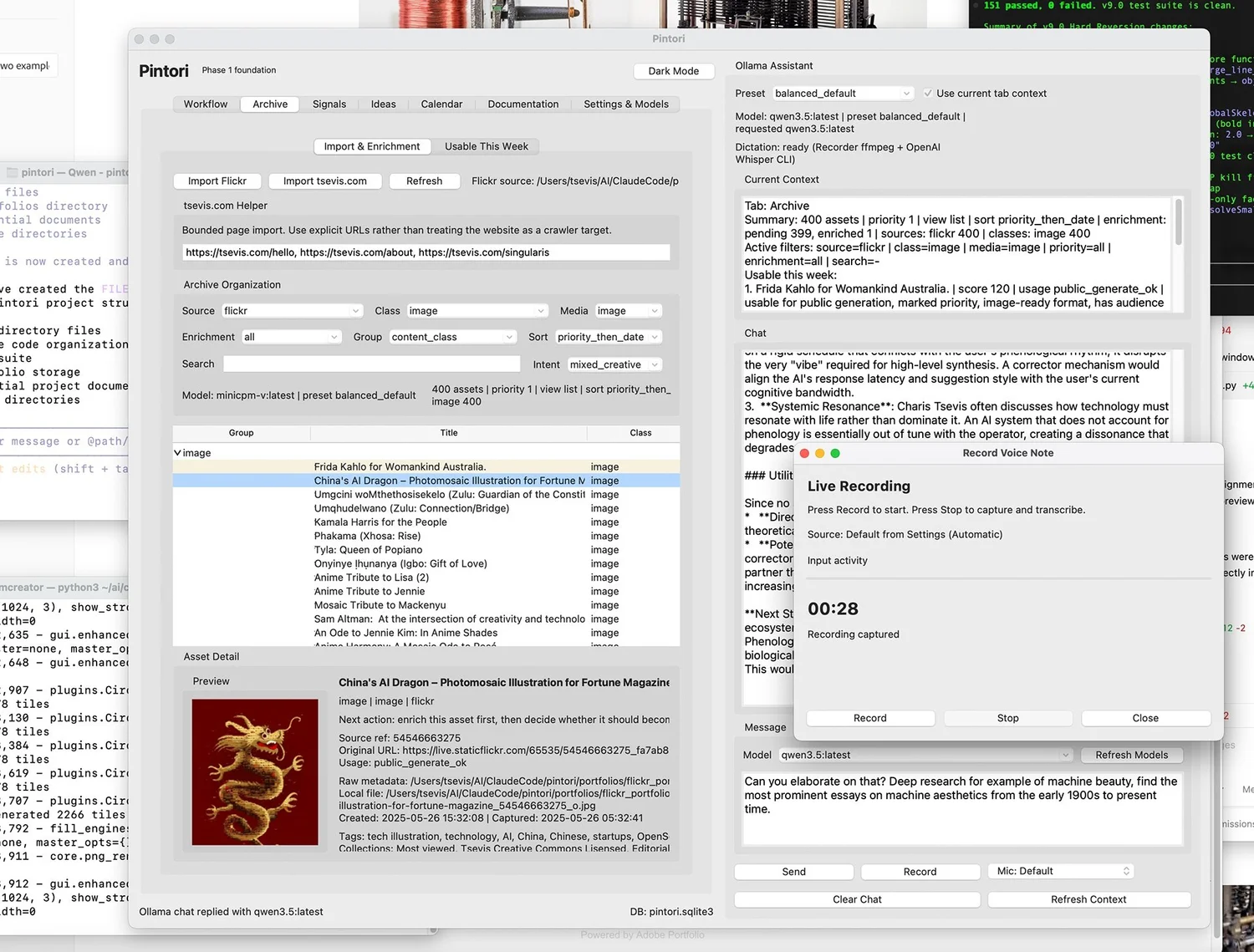 Pintori app, Archive tab: a list of image assets, a dragon illustration preview and an AI assistant chat