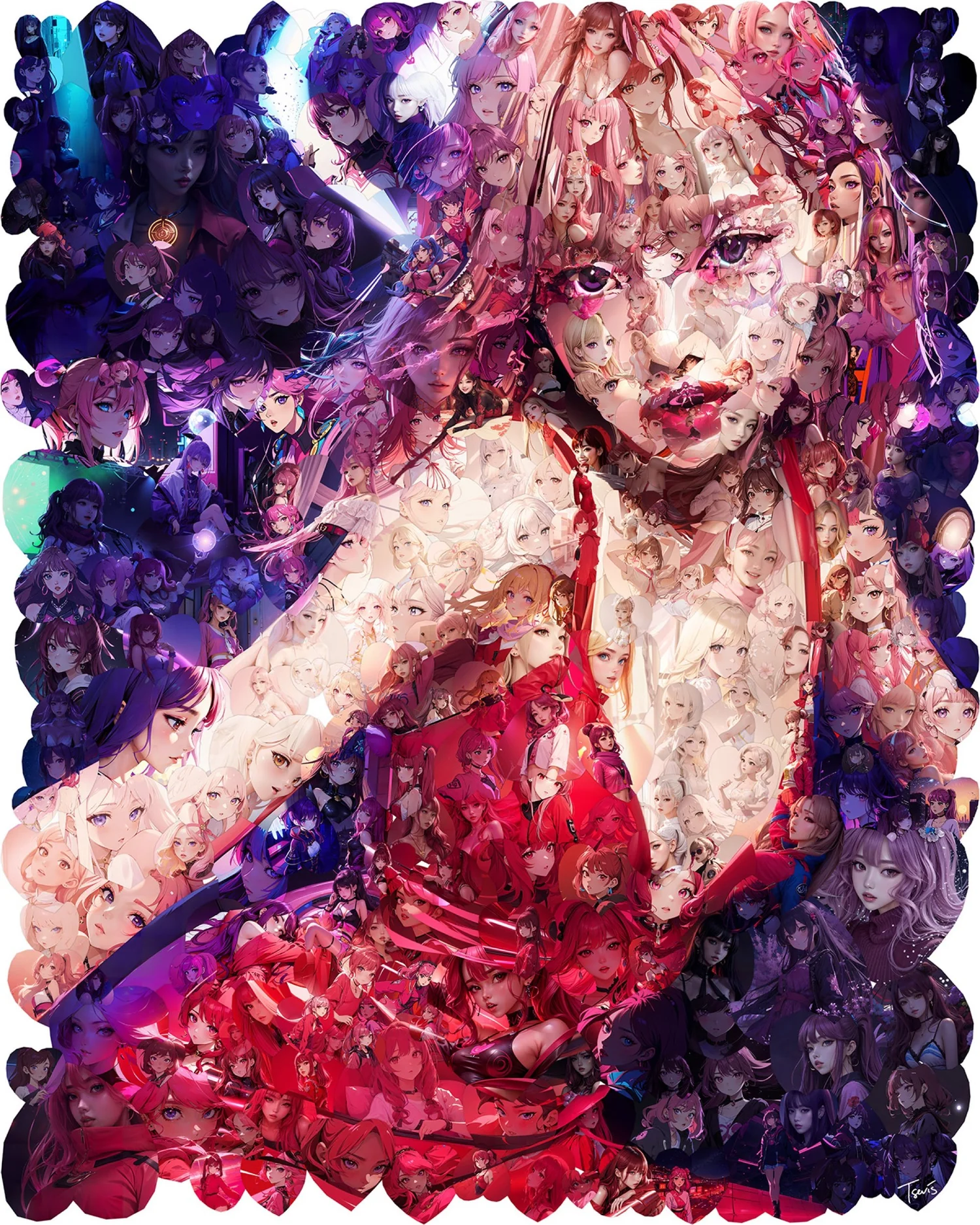 Blackpink's singer Lisa in a photomosaic made out of anime pictures of herself.