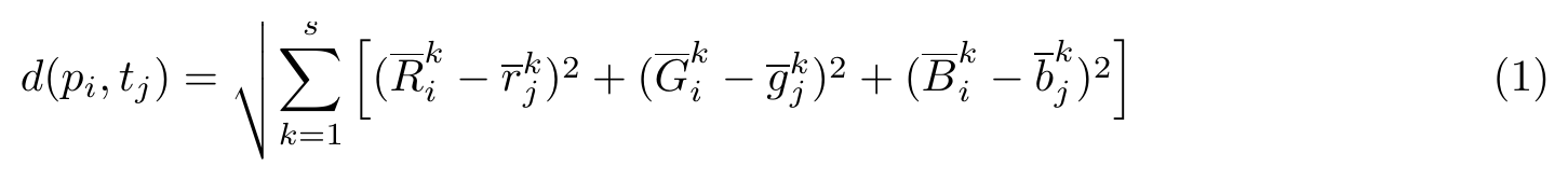 Equation: distance d between patch and tile as a root of summed squared colour differences