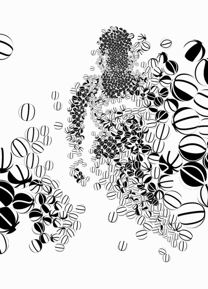 Animation of a black-and-white basketball mosaic of a player in motion, with bigger balls trailing the path of the ball.