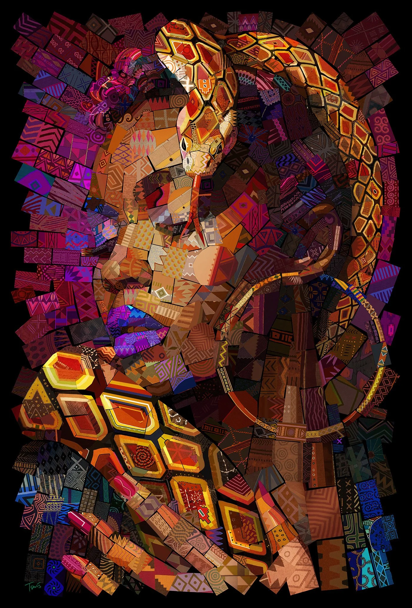 Portrait of an African woman in a mosaic of colorful textile patterns