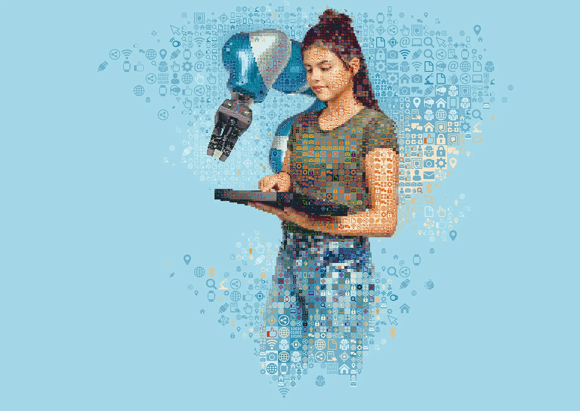 AI and automation mosaic – neural networks and robotic icons. Digital learning tool.