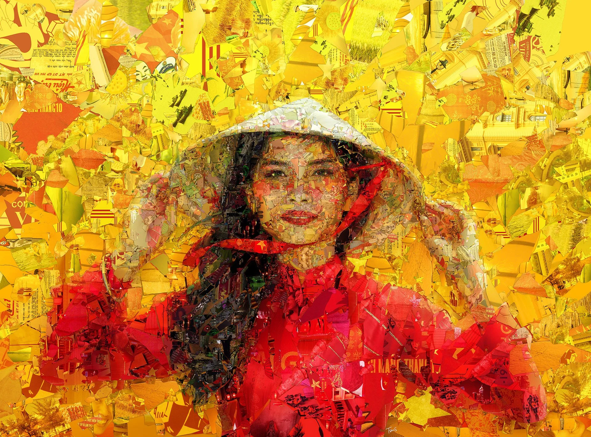 Vietnamese girl mosaic – war journalism photos and historical prints as tesserae.