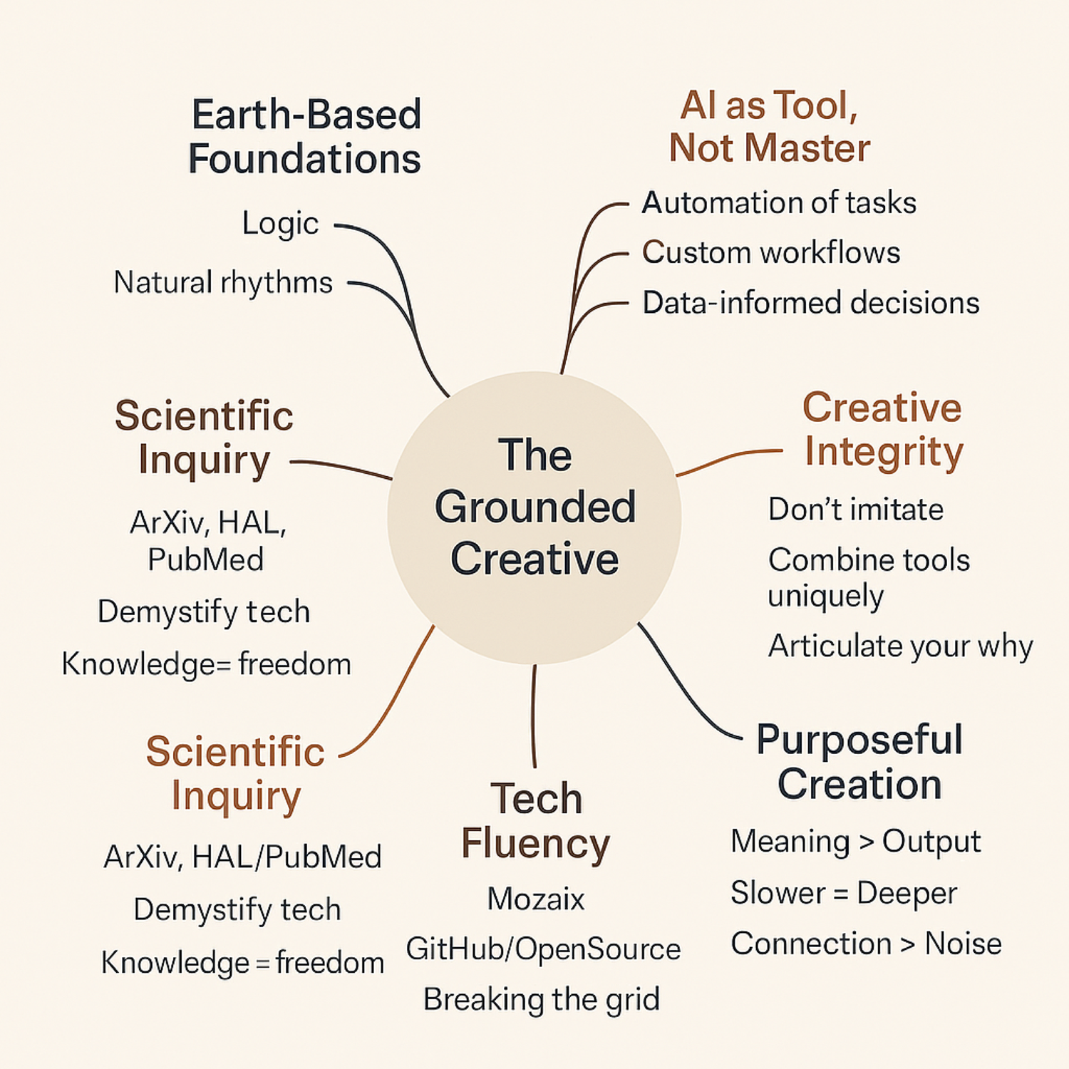 Mind map titled 'The Grounded Creative' showing six interconnected principles: Earth-Based Foundations (logic, natural rhythms), AI as Tool Not Master (automation, custom workflows), Scientific Inquiry (ArXiv, demystify tech), Creative Integrity (don't imitate, articulate your why), Tech Fluency (Mozaix, GitHub, breaking the grid), and Purposeful Creation (meaning over output, slower equals deeper) - visual synthesis of creative AI philosophy.