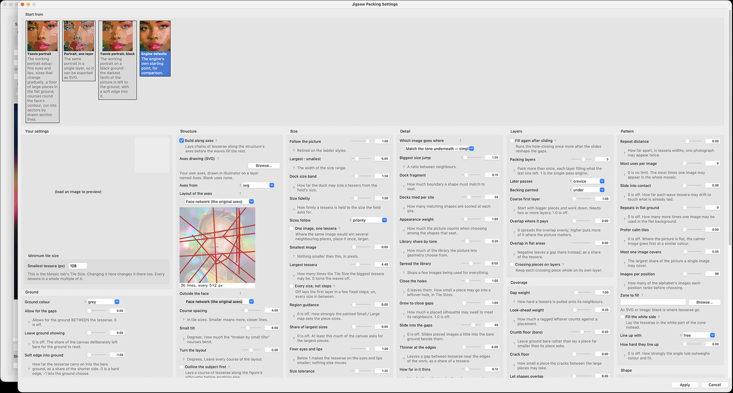 Screenshot of the Mozaix Jigsaw Packing settings with preset thumbnails of a portrait and columns of controls for structure, size, detail, layers and pattern