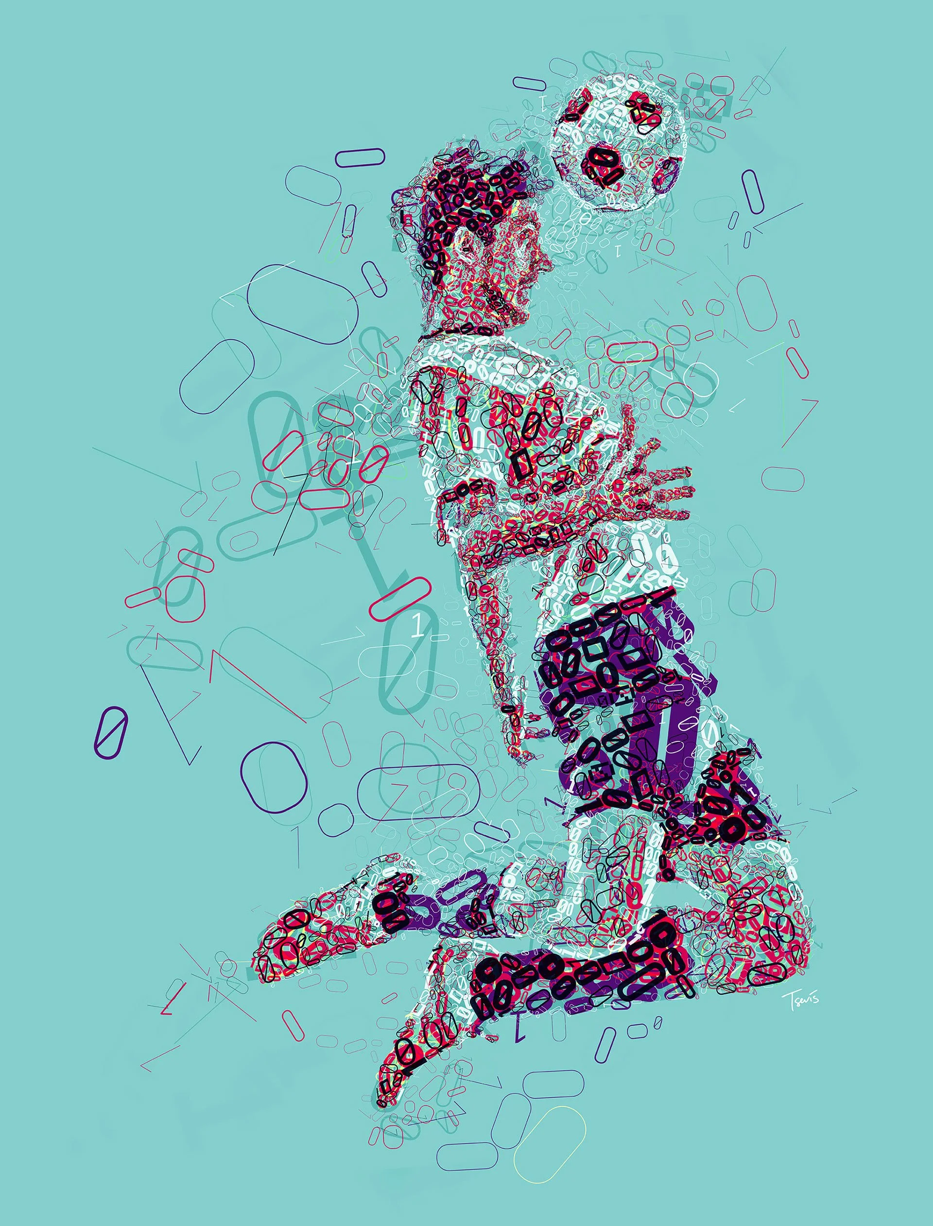 Soccer player mosaic from binary digits – 0s and 1s forming a footballer in motion.