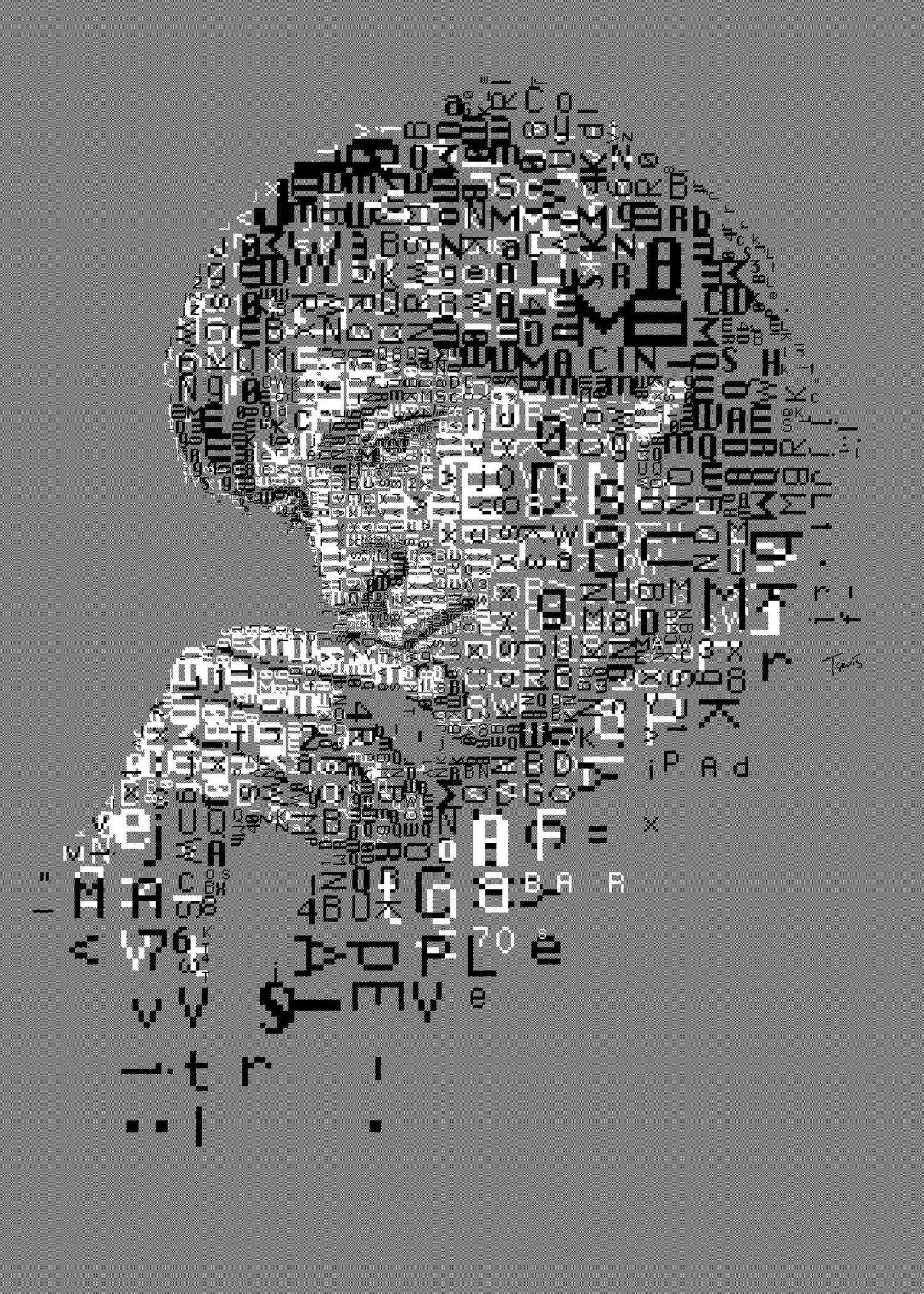 A monochrome, pixel-art-style portrait of Steve Jobs, created using characters from the Chicago and Monaco fonts. The image is composed entirely of black and white pixels, forming a detailed representation of his face and upper body. The text within the image provides context about the artistic process and historical significance of the fonts used.