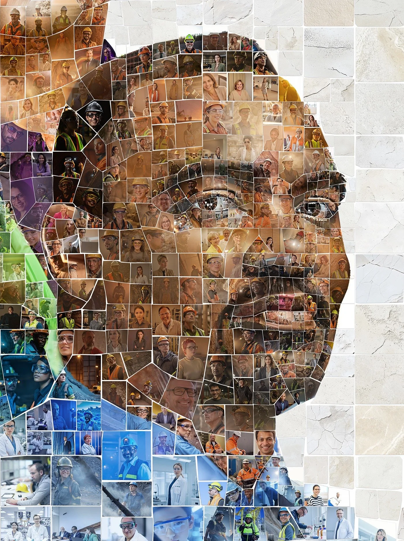 Mosaic portrait of a Lhoist employee made of photos of his colleagues